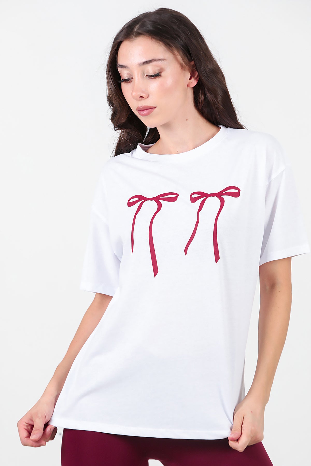 Kadın Baskılı Oversize T-shirt Beyaz