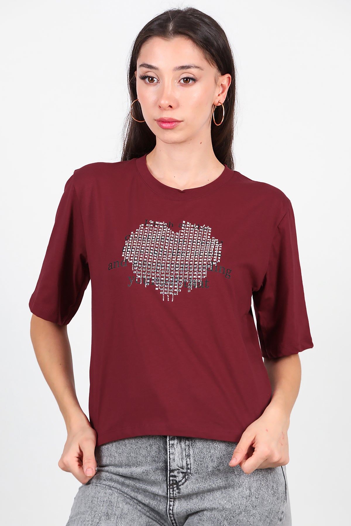 Kadın Taş Baskılı T-Shirt Bordo