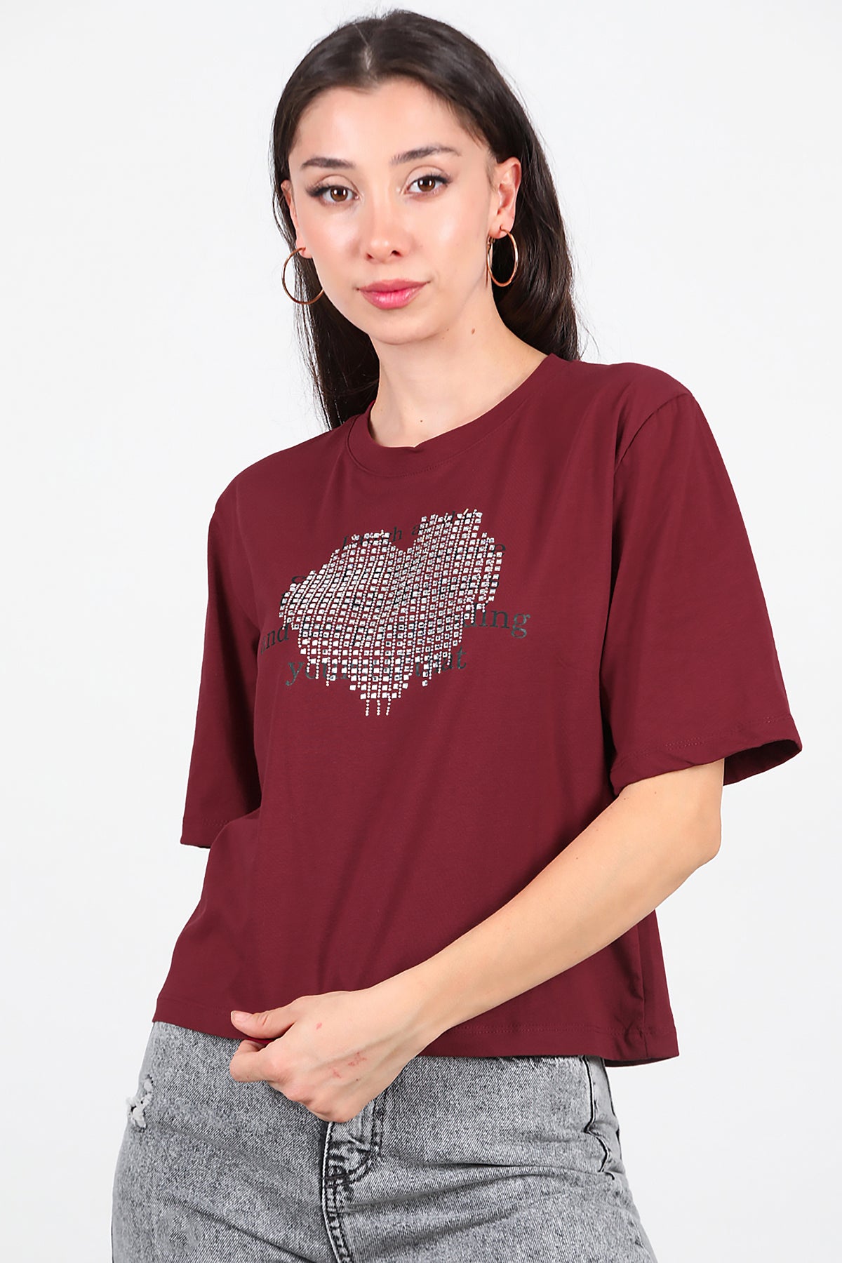 Kadın Taş Baskılı T-Shirt Bordo
