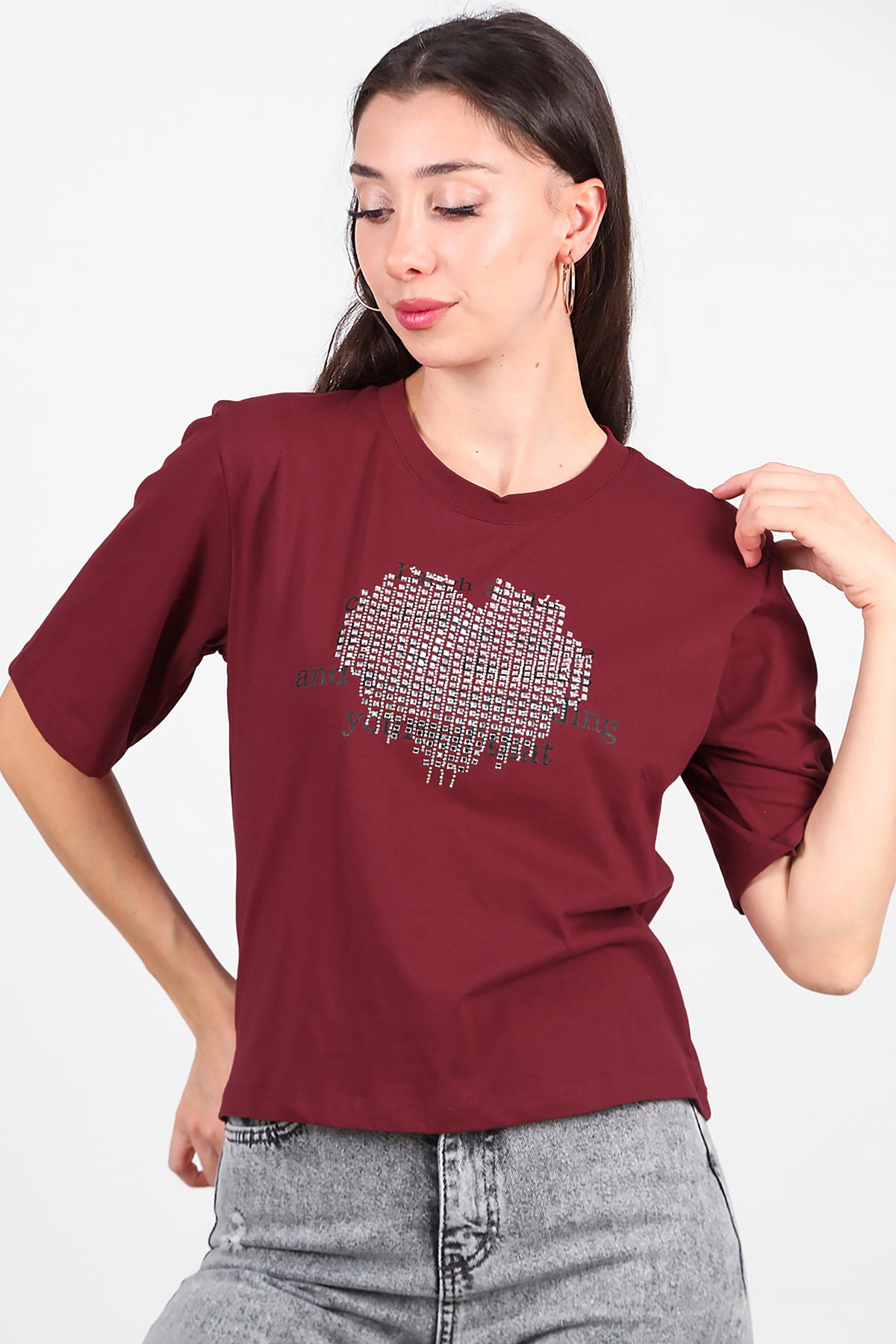 Kadın Taş Baskılı T-Shirt Bordo