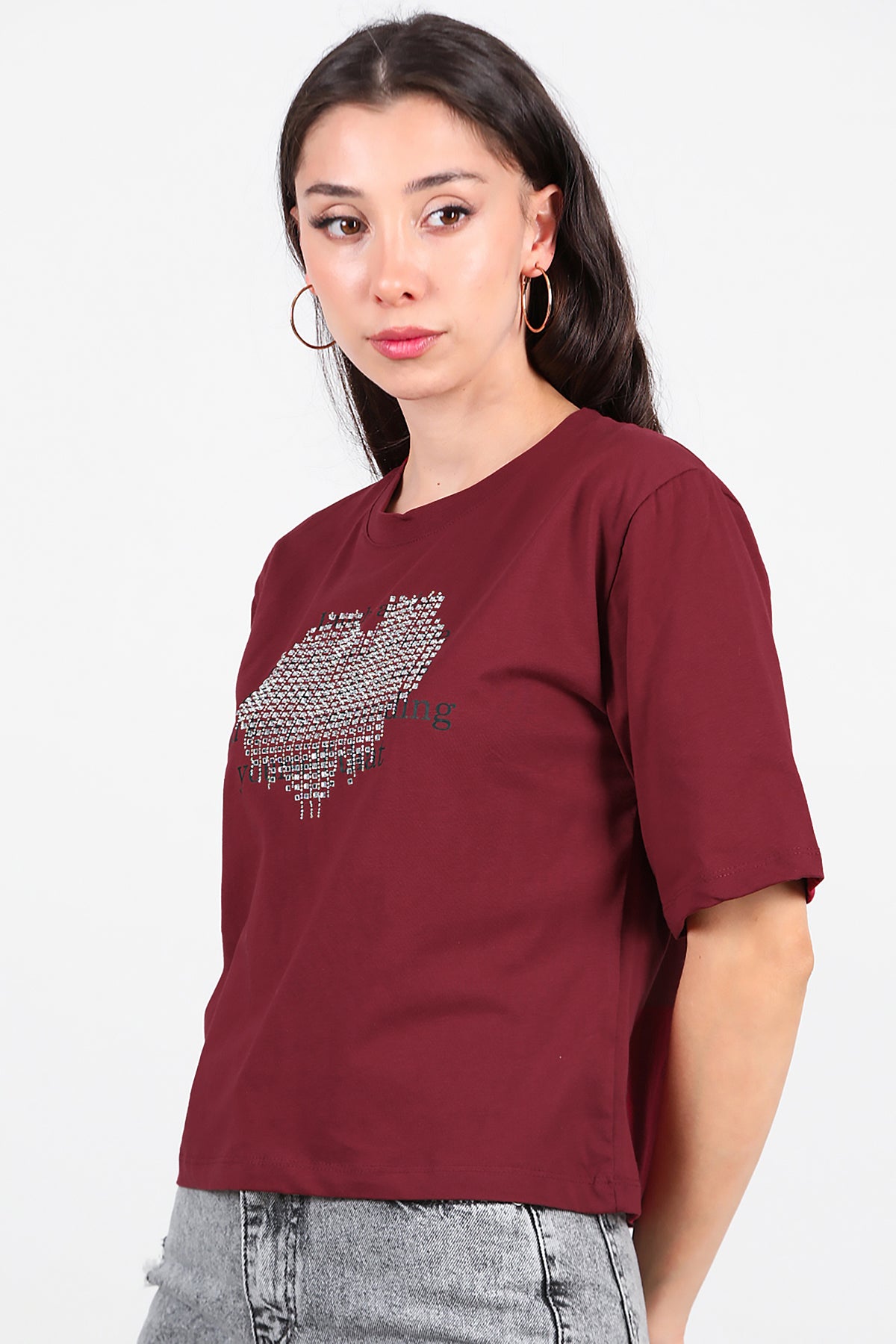 Kadın Taş Baskılı T-Shirt Bordo