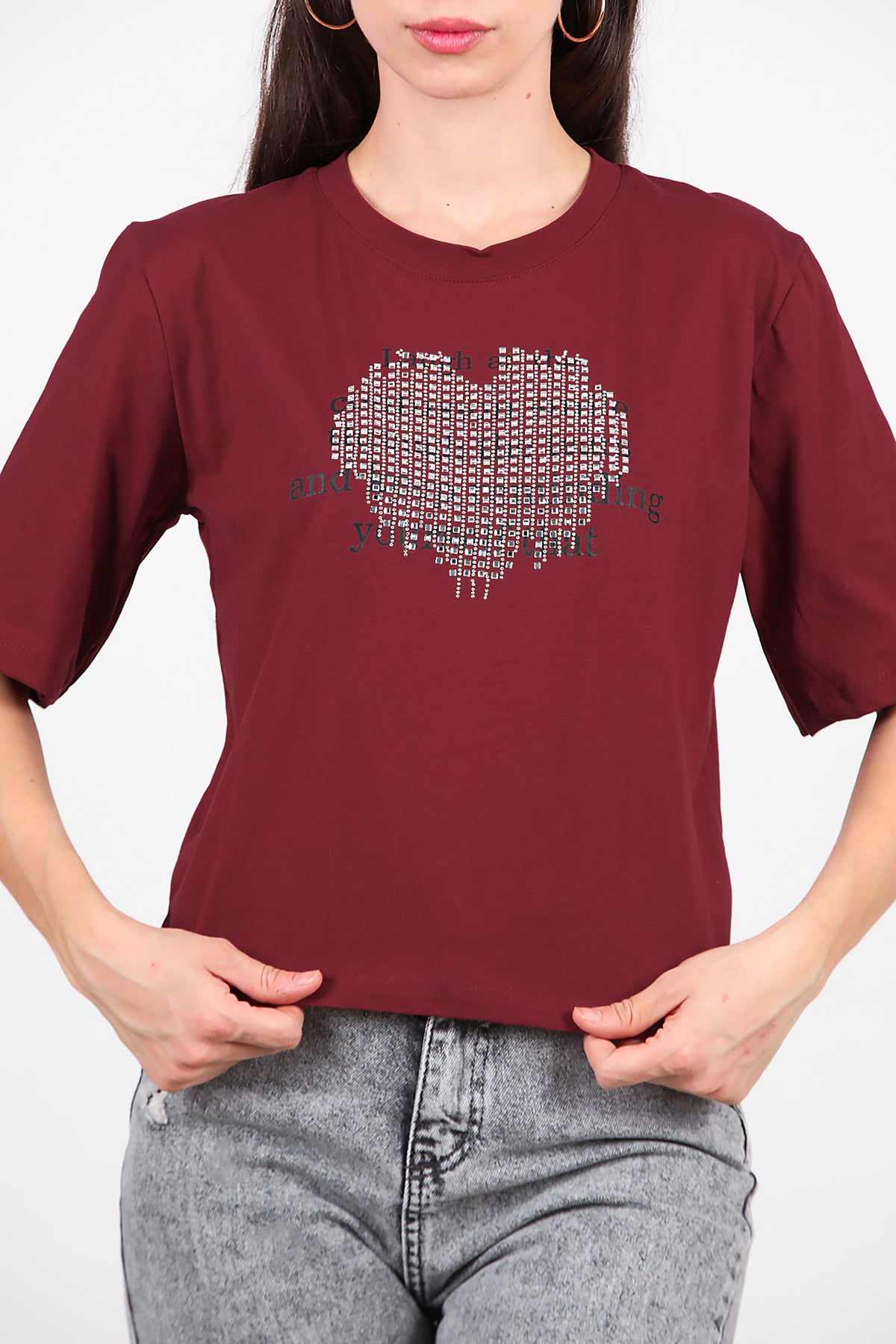 Kadın Taş Baskılı T-Shirt Bordo