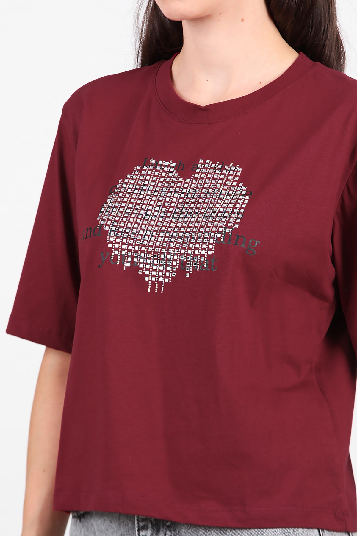 Kadın Taş Baskılı T-Shirt Bordo