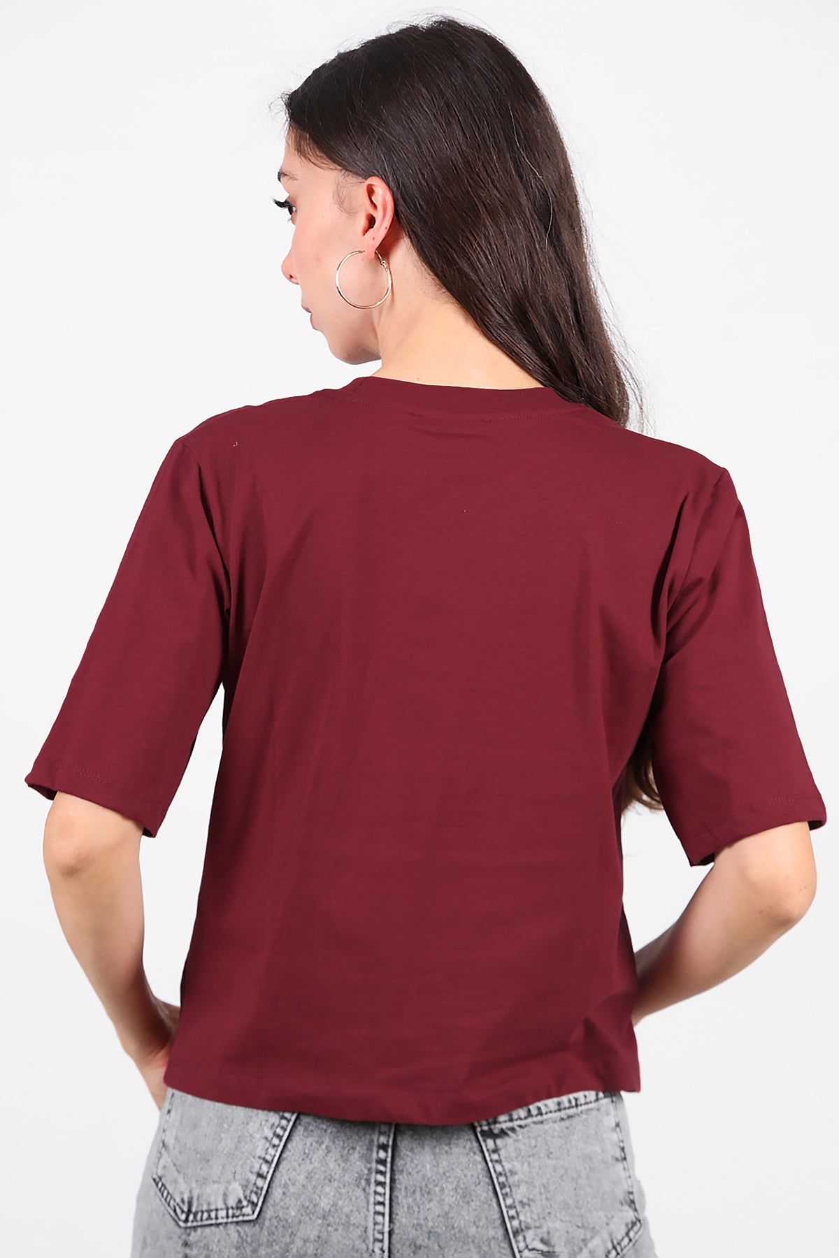Kadın Taş Baskılı T-Shirt Bordo