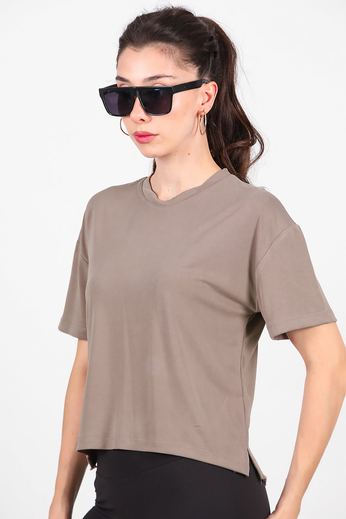 Kadın Önü Kısa Arkası Uzun T-Shirt Vizon