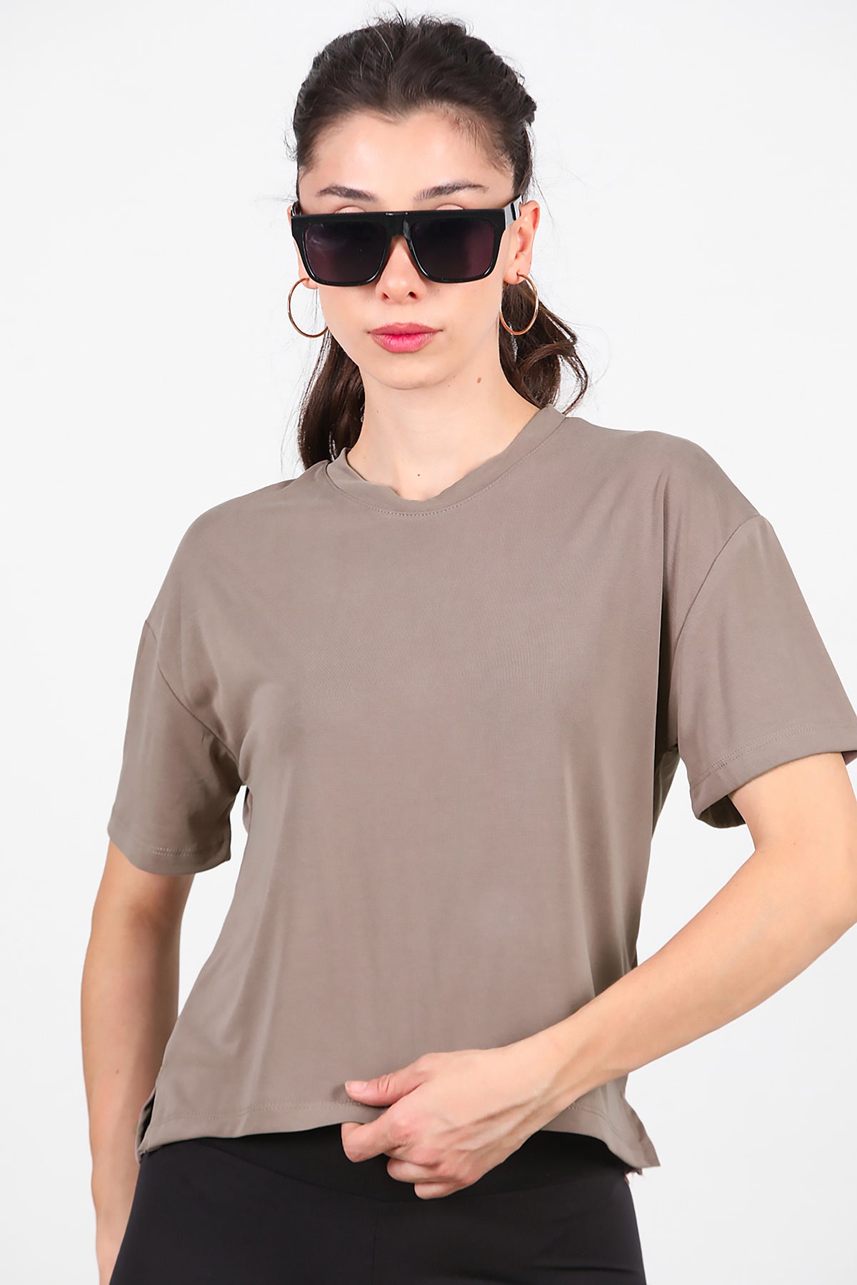 Kadın Önü Kısa Arkası Uzun T-Shirt Vizon