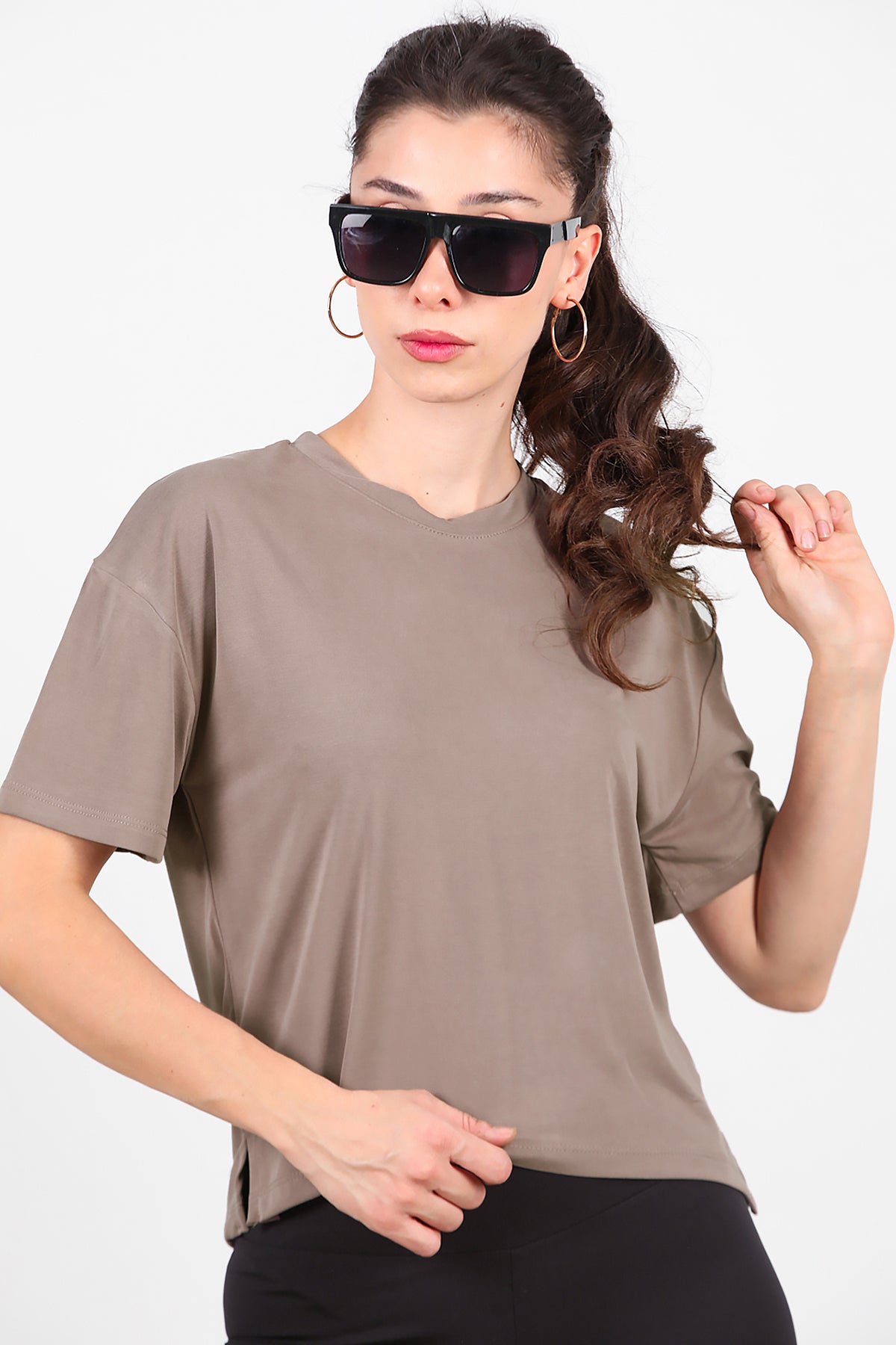 Kadın Önü Kısa Arkası Uzun T-Shirt Vizon