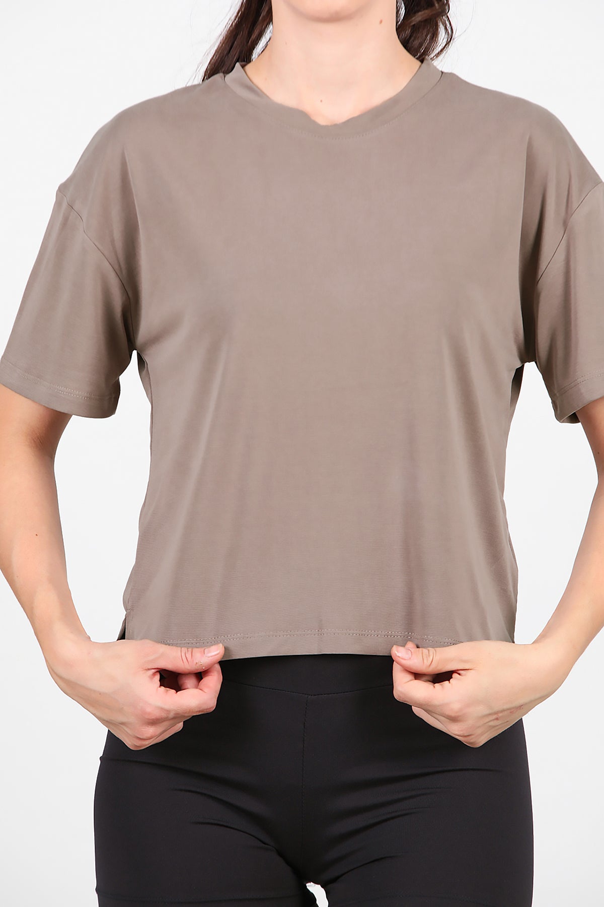 Kadın Önü Kısa Arkası Uzun T-Shirt Vizon