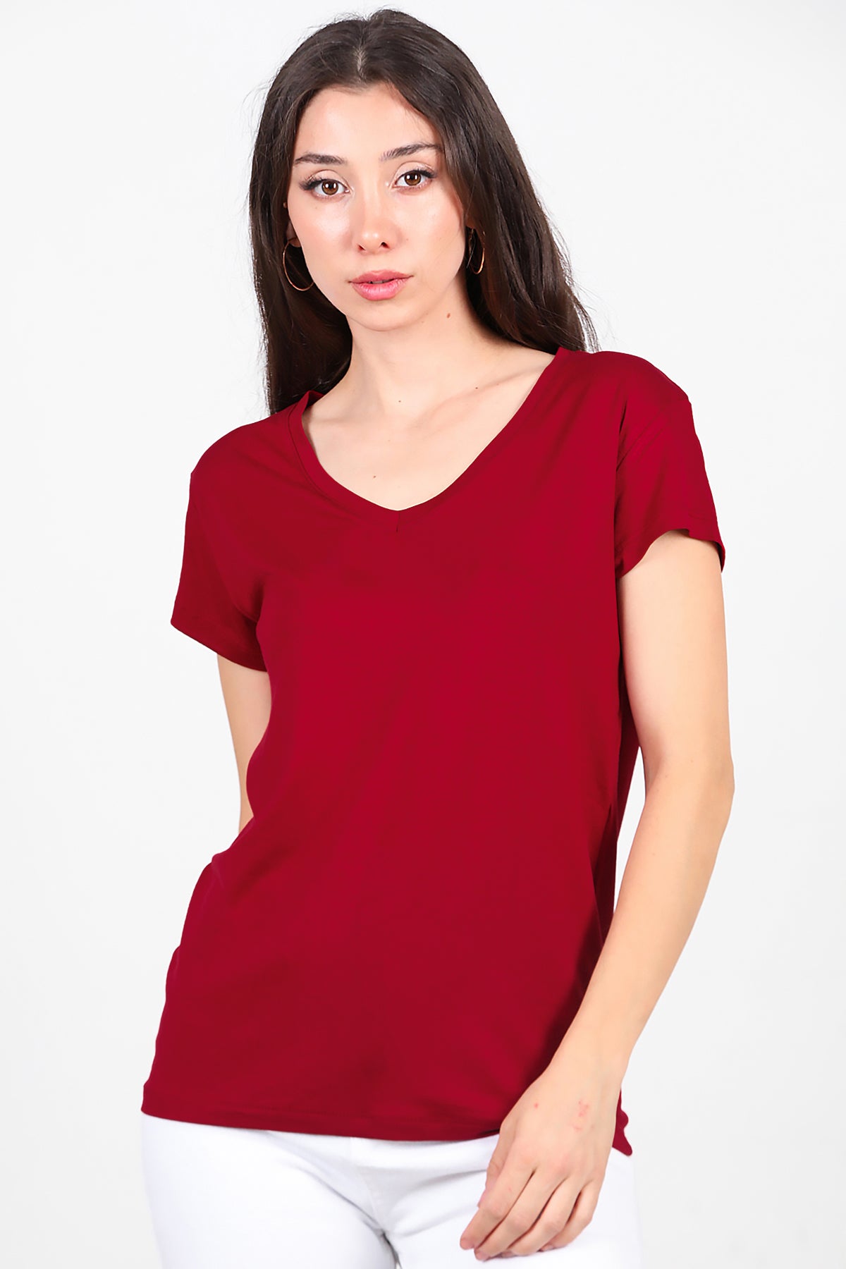 Kadın V Yaka Basıc T-Shirt Bordo