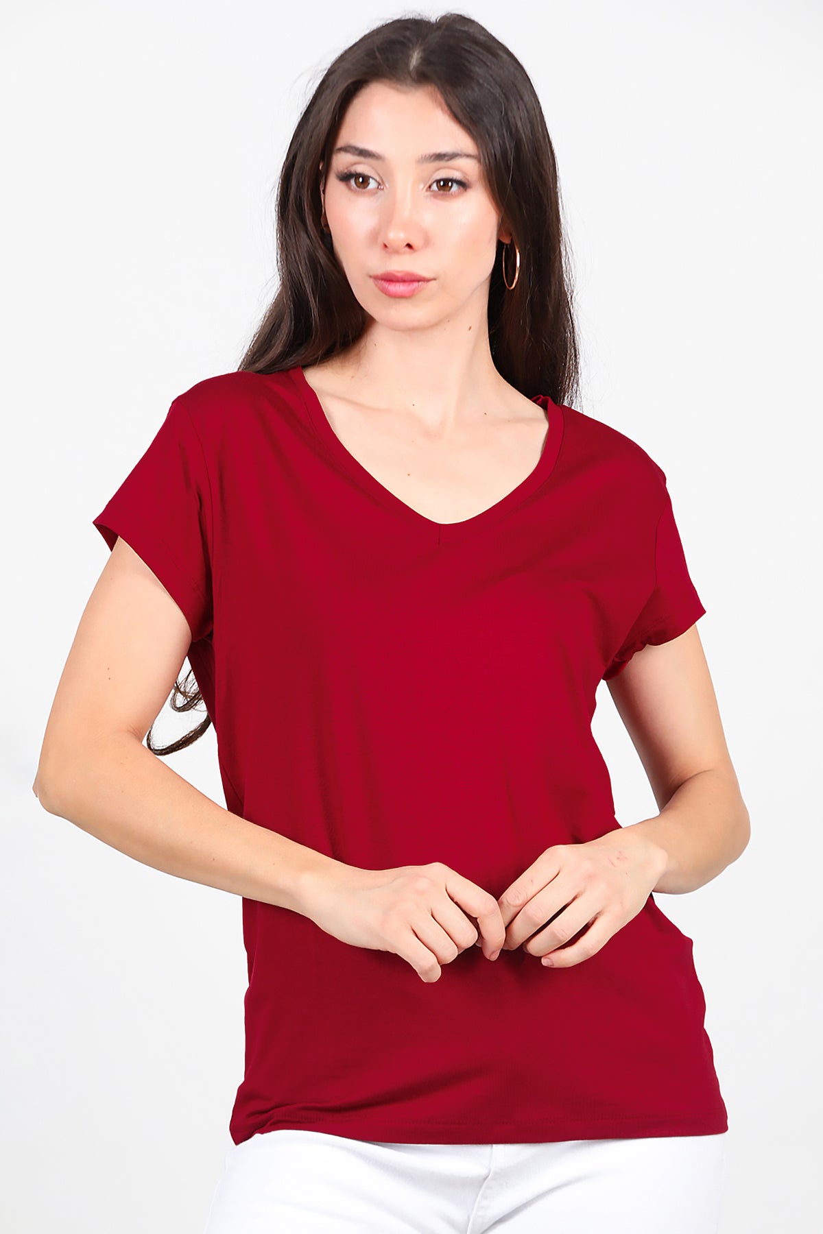 Kadın V Yaka Basıc T-Shirt Bordo