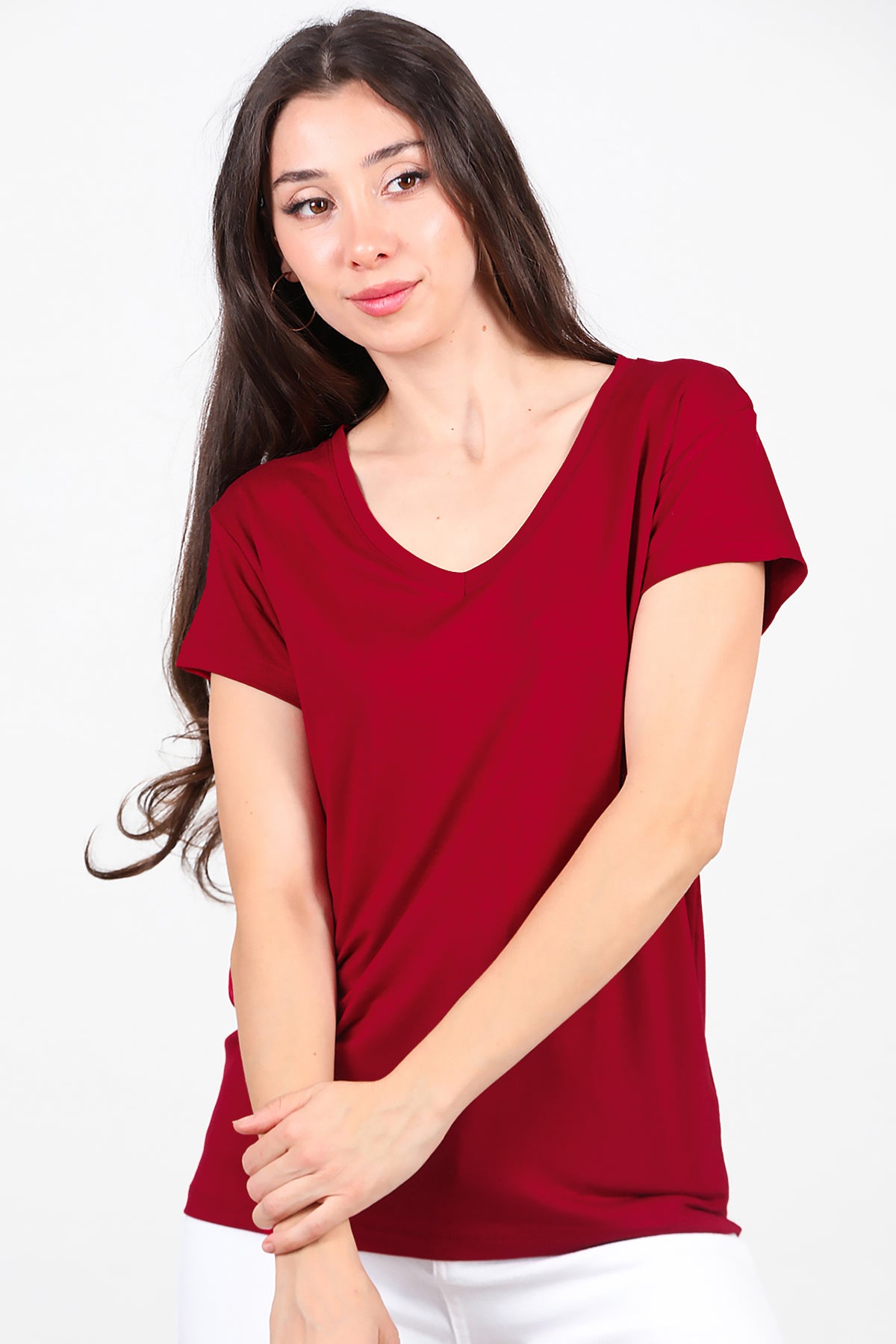 Kadın V Yaka Basıc T-Shirt Bordo