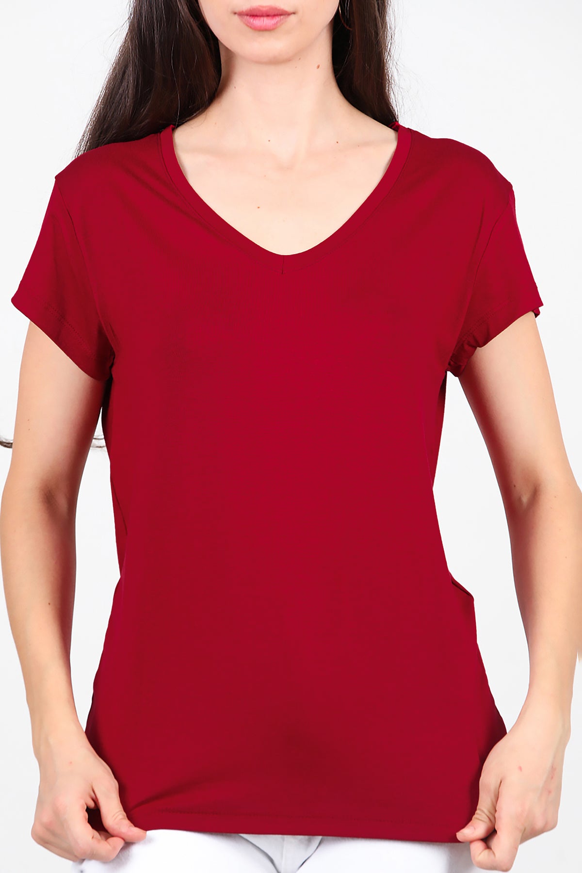 Kadın V Yaka Basıc T-Shirt Bordo