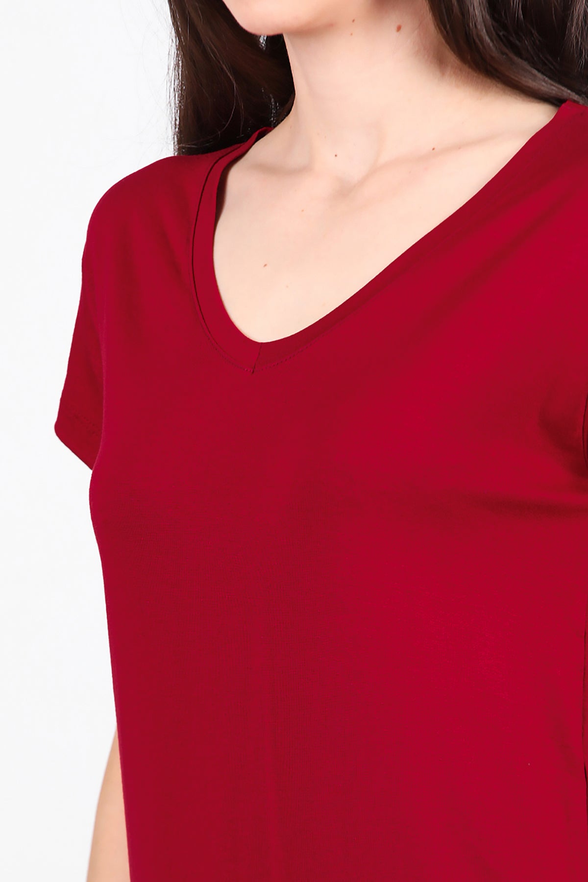 Kadın V Yaka Basıc T-Shirt Bordo