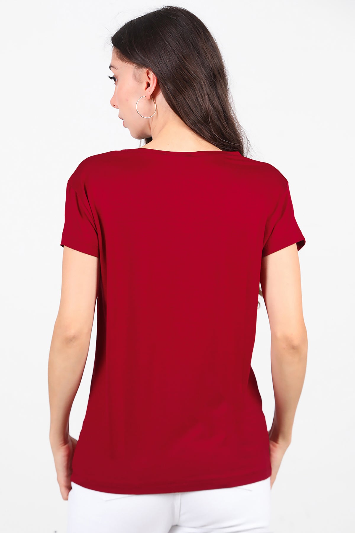 Kadın V Yaka Basıc T-Shirt Bordo