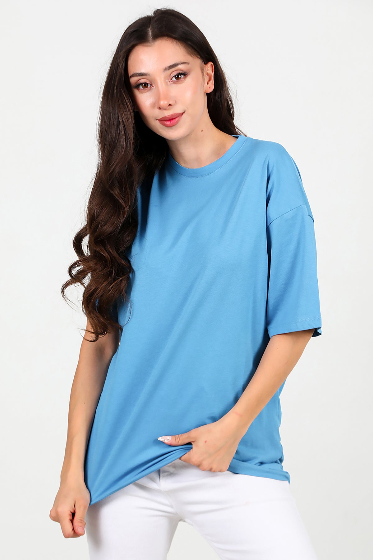 Kadın Bisiklet Yaka Oversize Tshırt Mavi