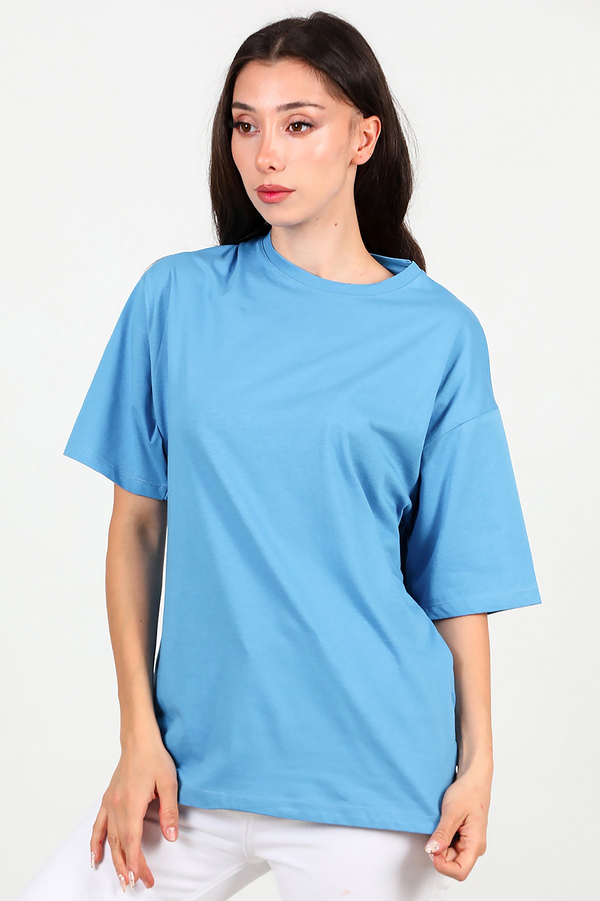 Kadın Bisiklet Yaka Oversize Tshırt Mavi