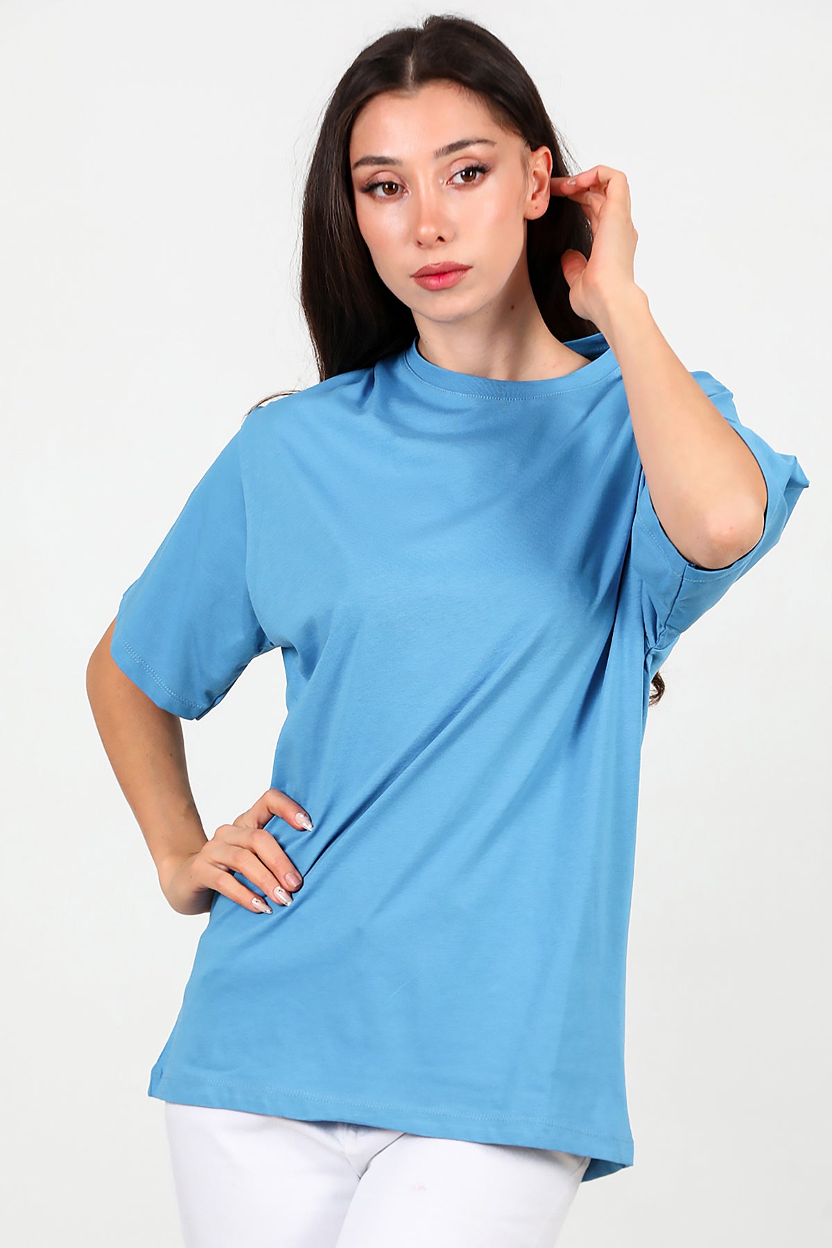 Kadın Bisiklet Yaka Oversize Tshırt Mavi