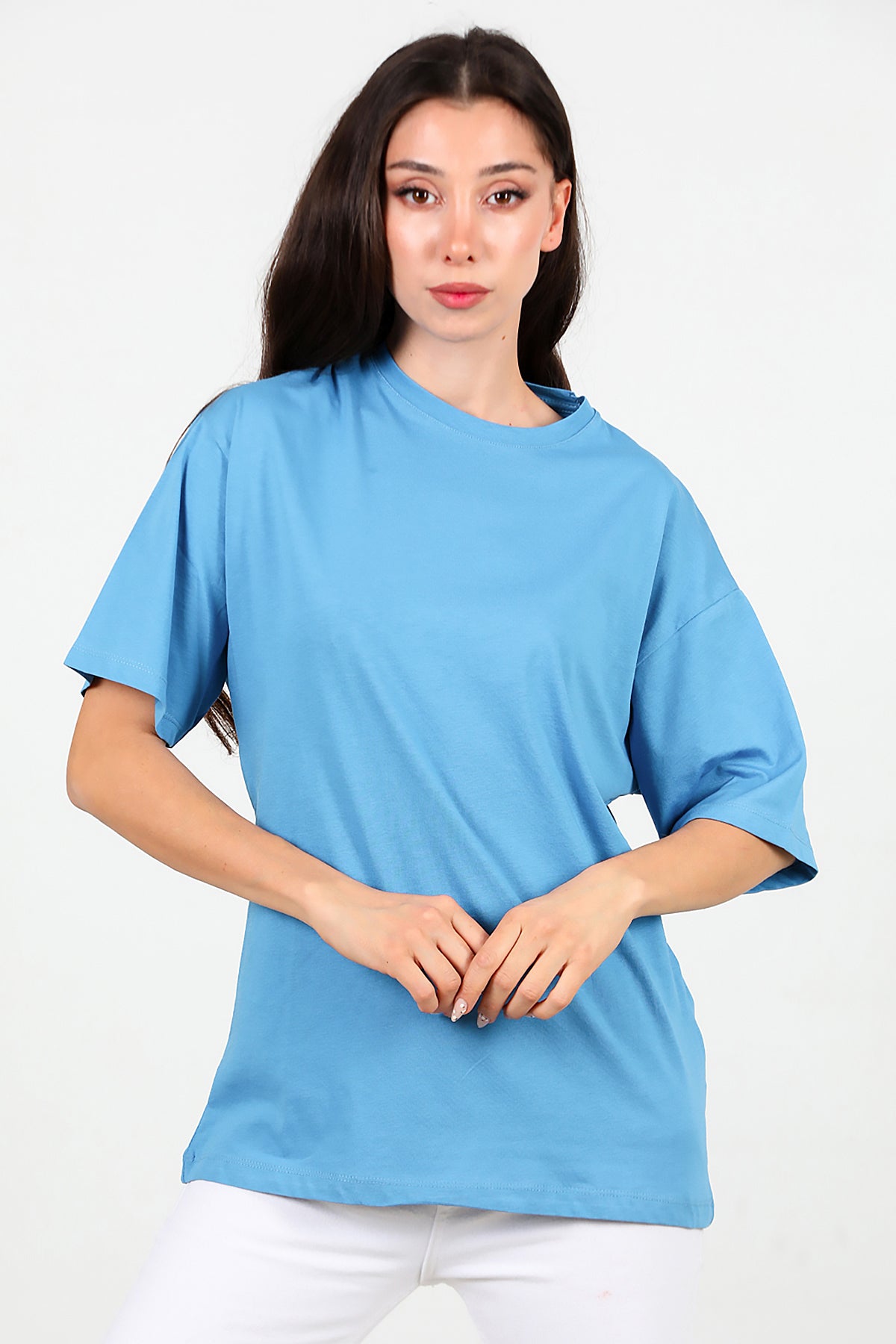 Kadın Bisiklet Yaka Oversize Tshırt Mavi