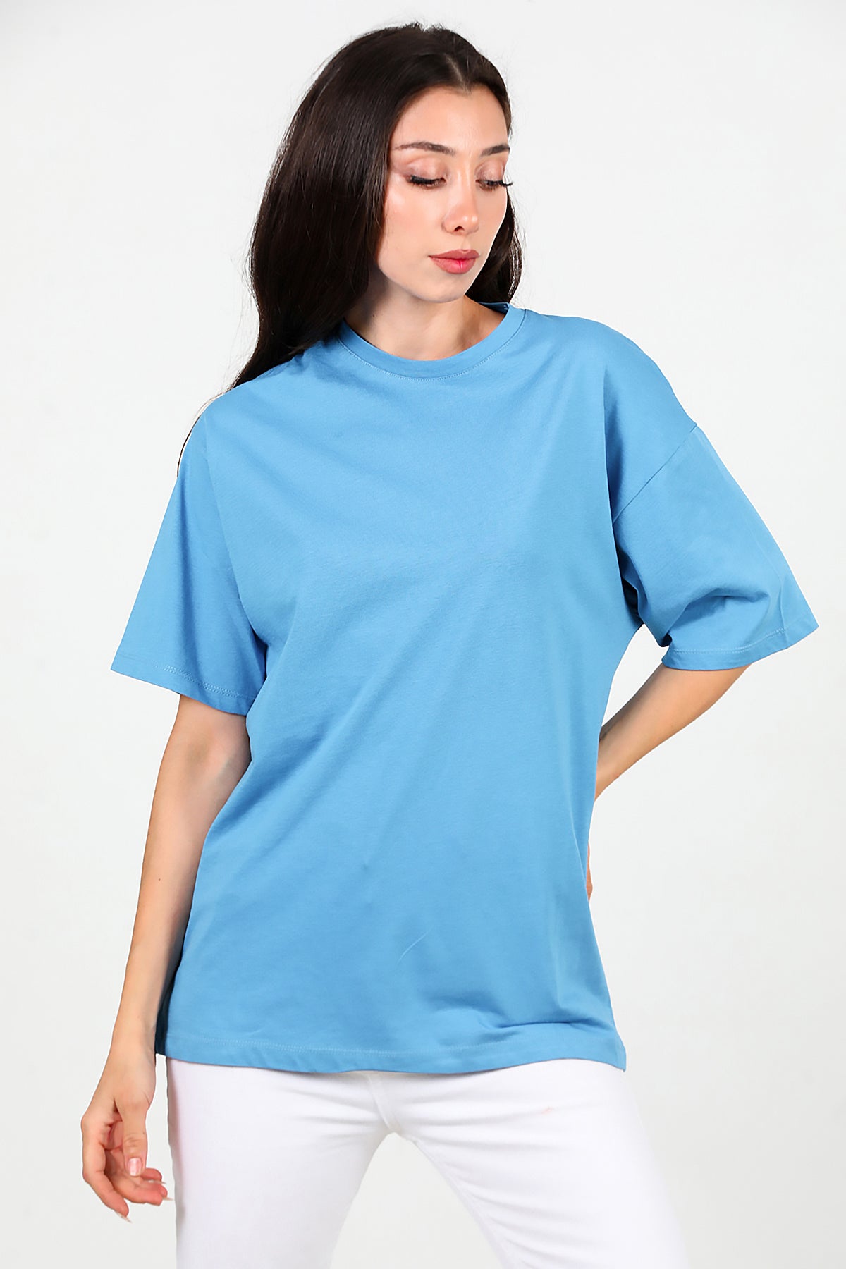 Kadın Bisiklet Yaka Oversize Tshırt Mavi