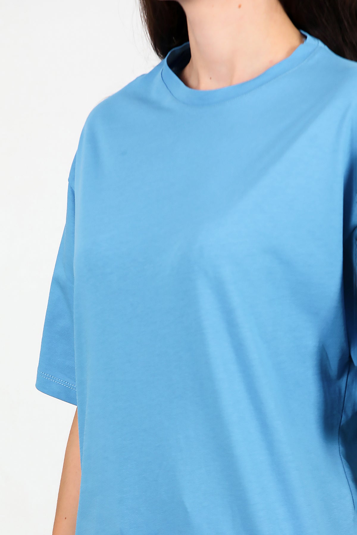 Kadın Bisiklet Yaka Oversize Tshırt Mavi