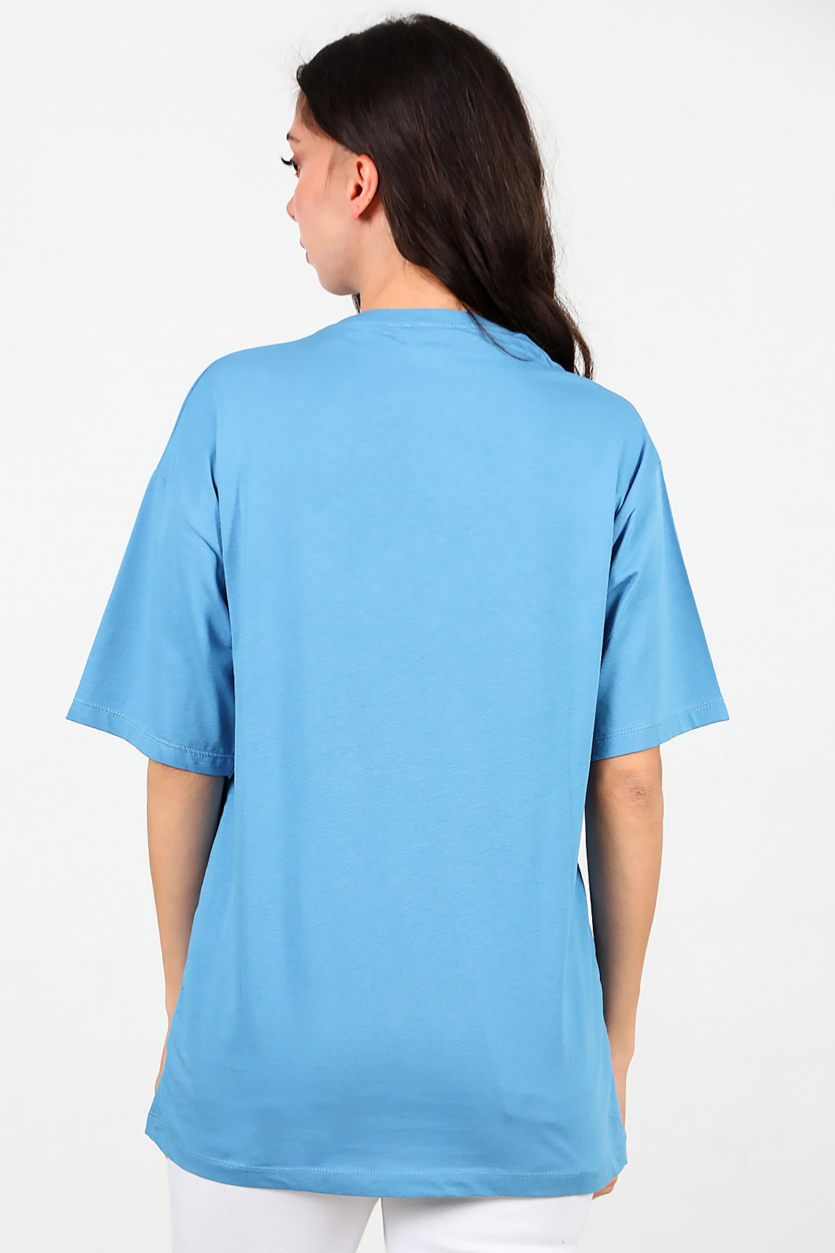 Kadın Bisiklet Yaka Oversize Tshırt Mavi