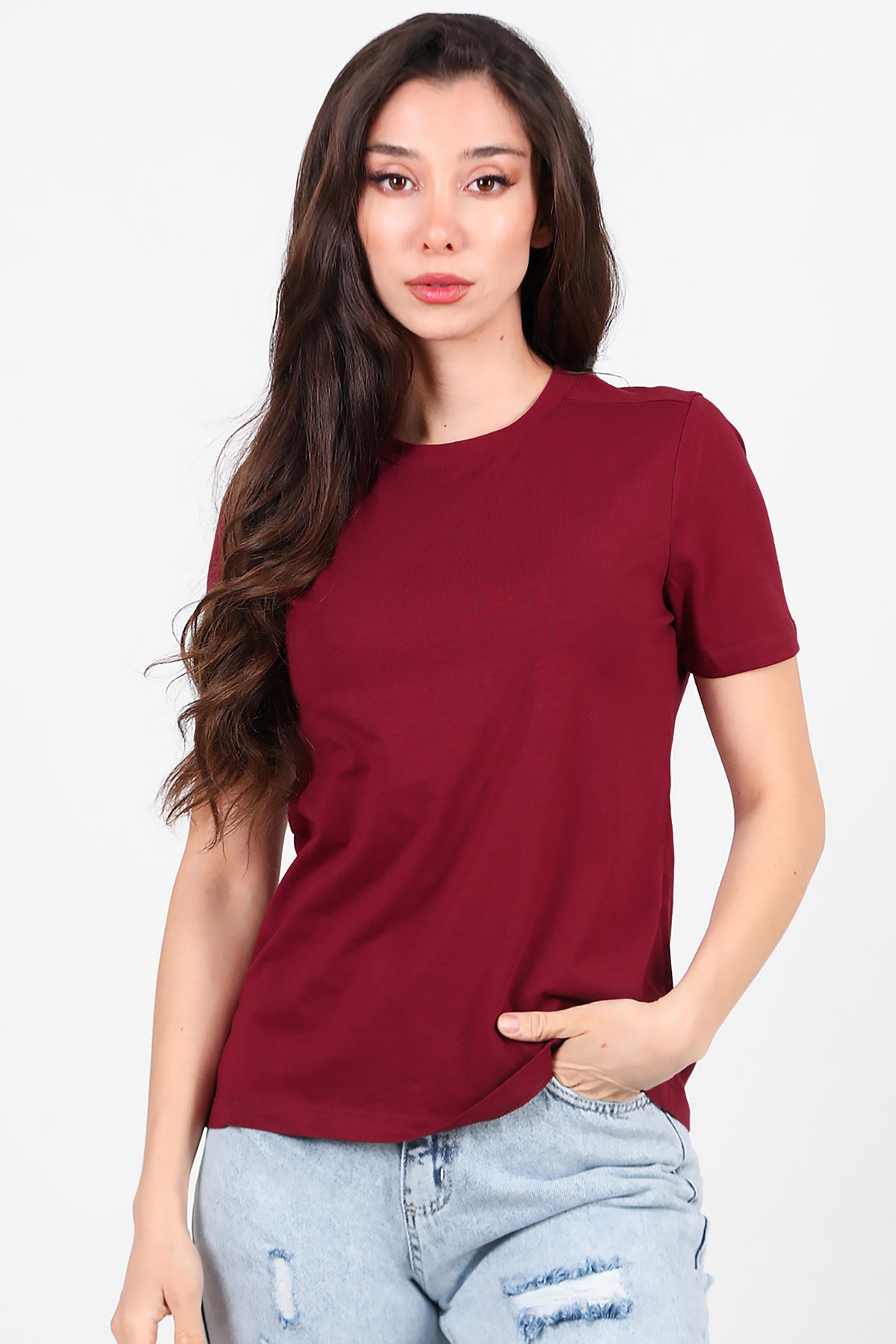 Kadın Omzu Çimalı Basic T-Shirt Bordo