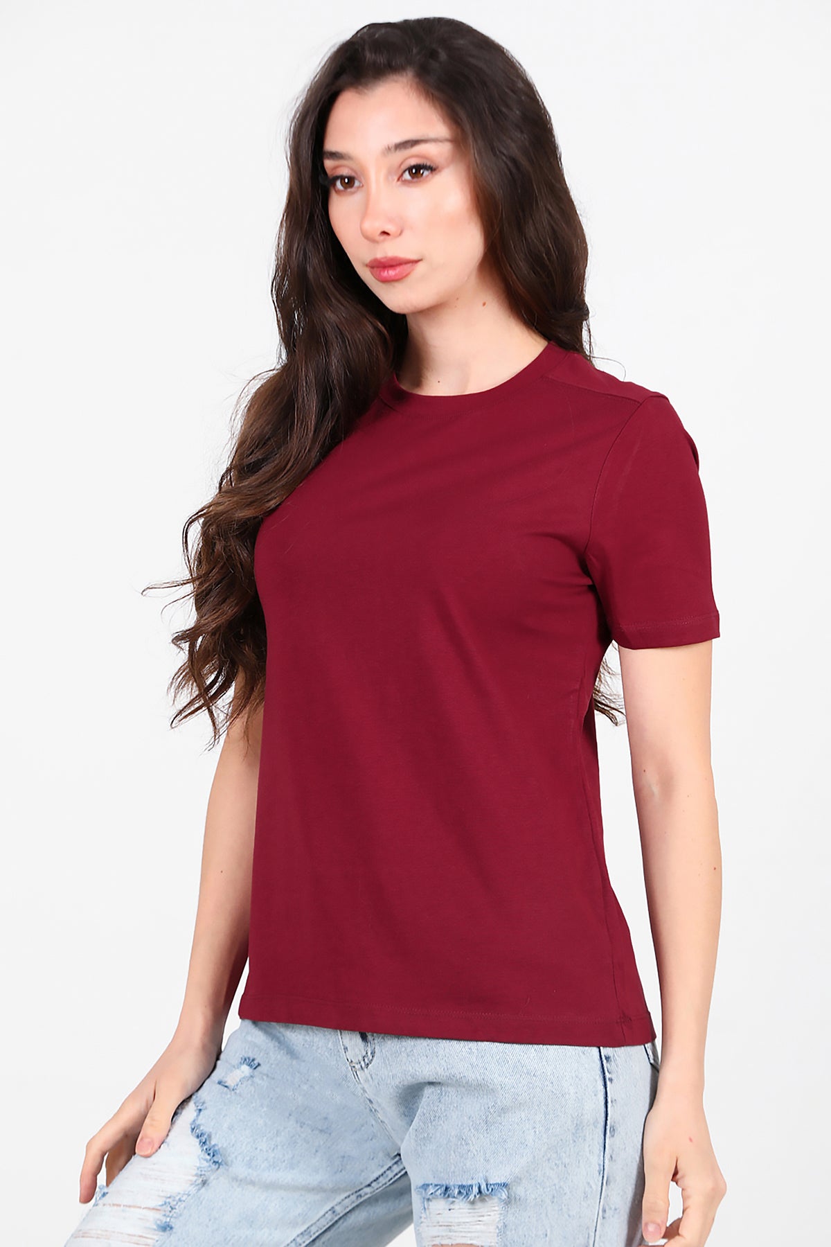 Kadın Omzu Çimalı Basic T-Shirt Bordo