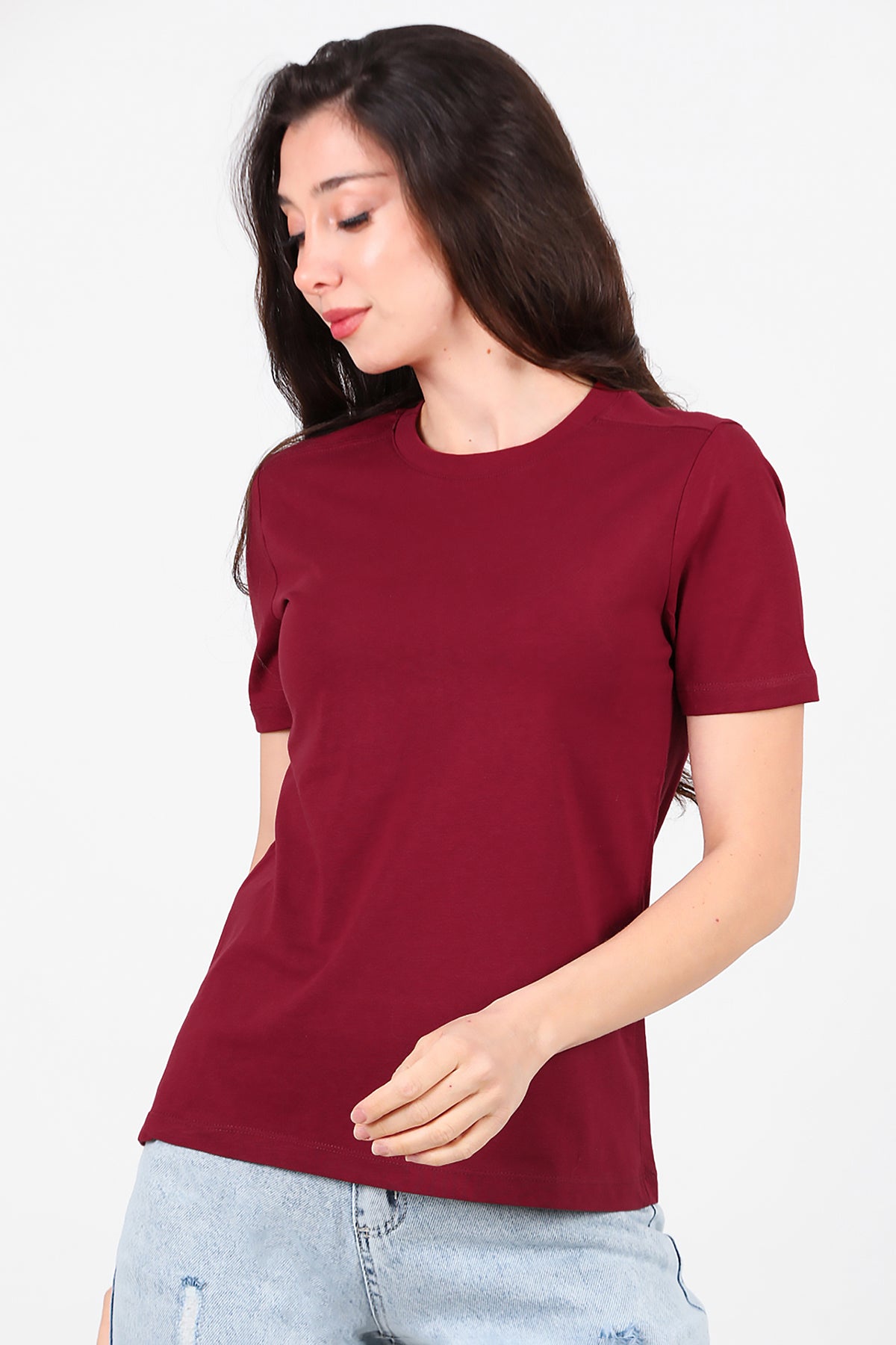 Kadın Omzu Çimalı Basic T-Shirt Bordo