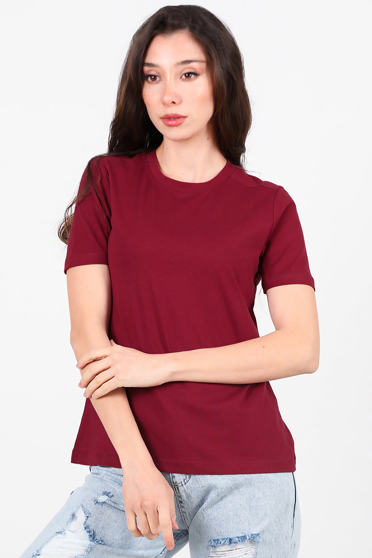 Kadın Omzu Çimalı Basic T-Shirt Bordo