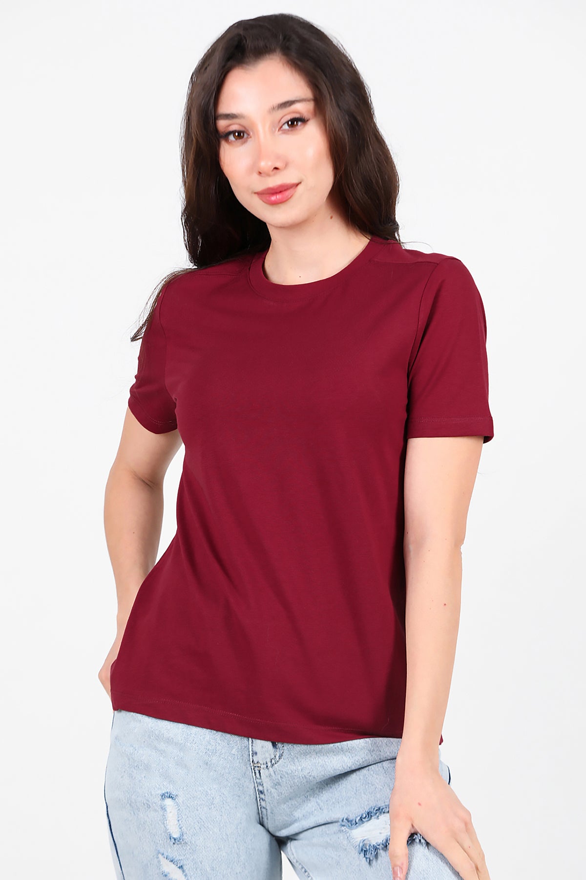 Kadın Omzu Çimalı Basic T-Shirt Bordo
