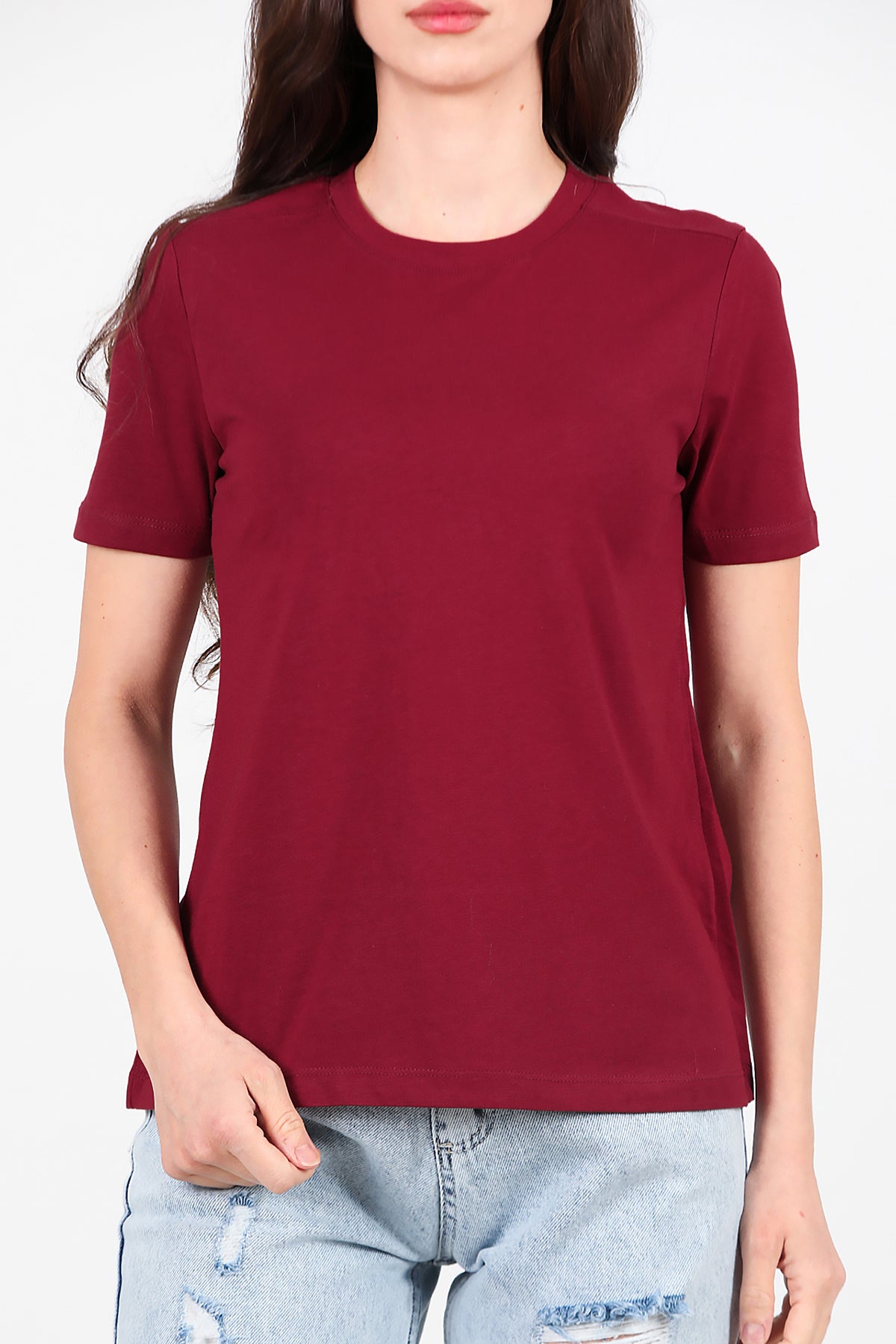 Kadın Omzu Çimalı Basic T-Shirt Bordo