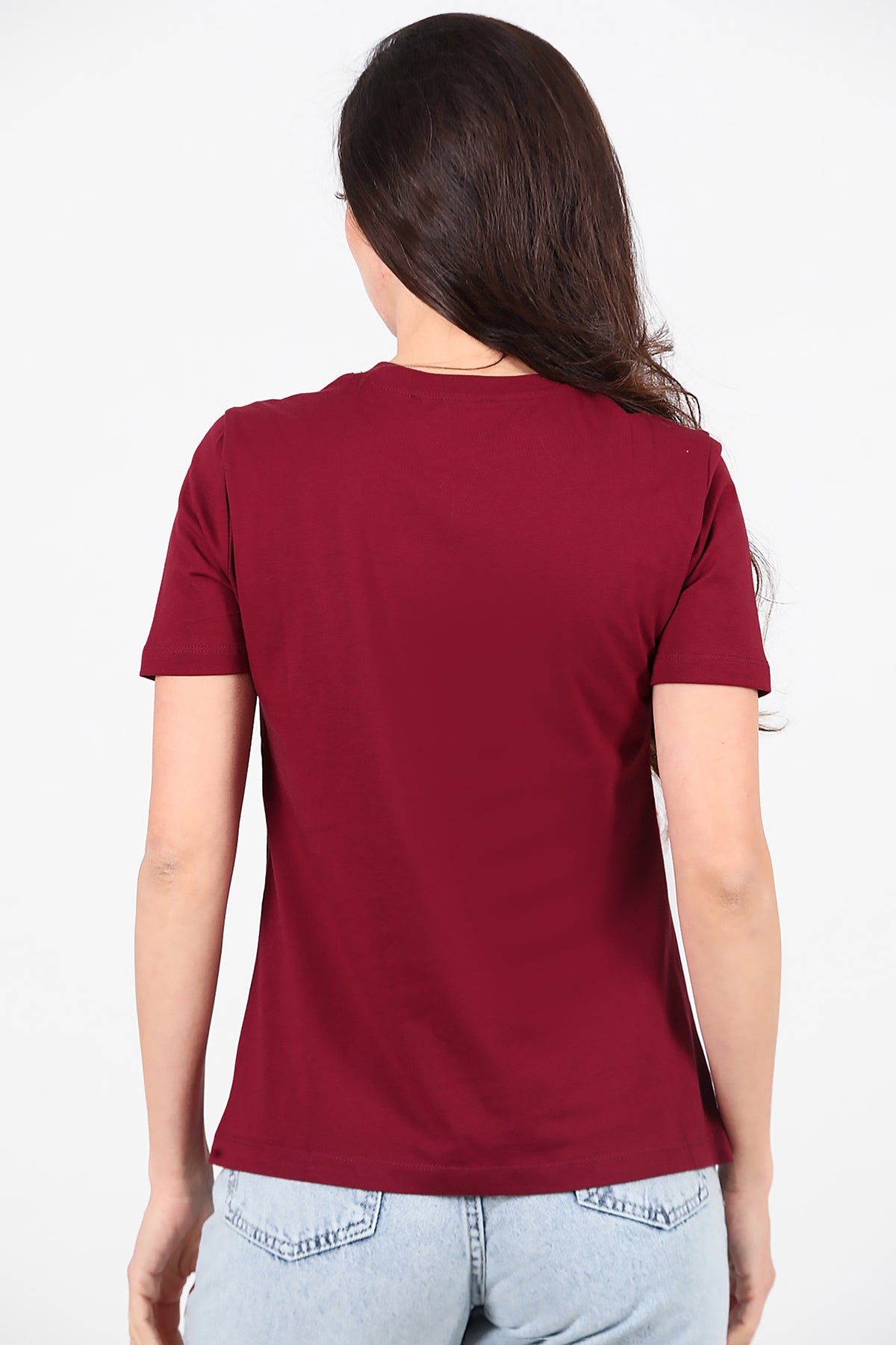 Kadın Omzu Çimalı Basic T-Shirt Bordo