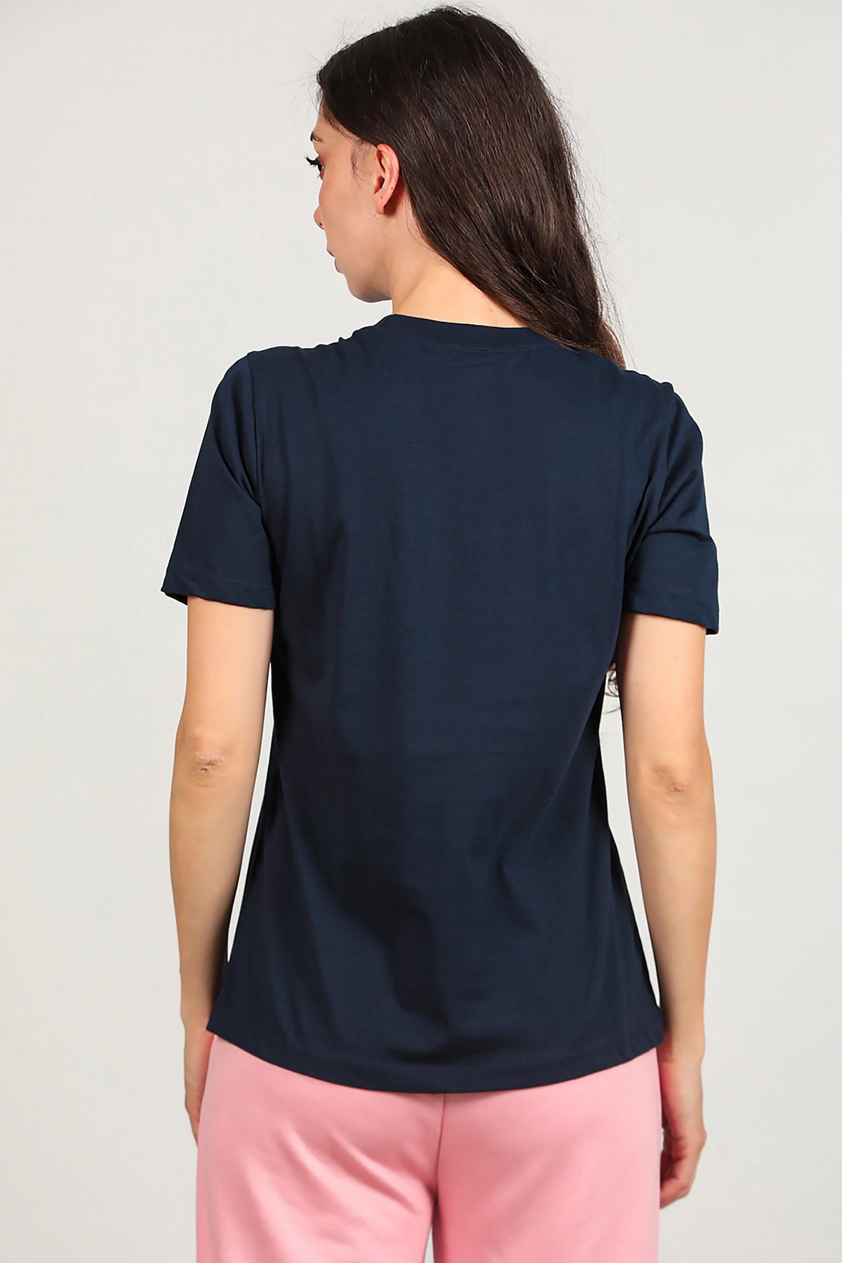 Kadın Omzu Çimalı Basic T-Shirt Lacivert