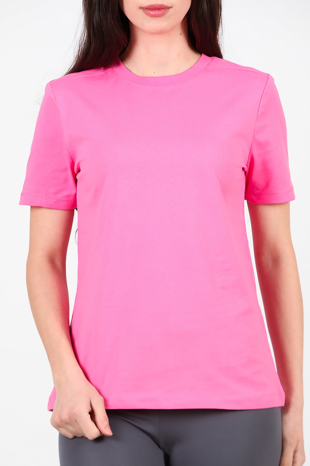Kadın Omzu Çimalı Basic T-Shirt Pembe
