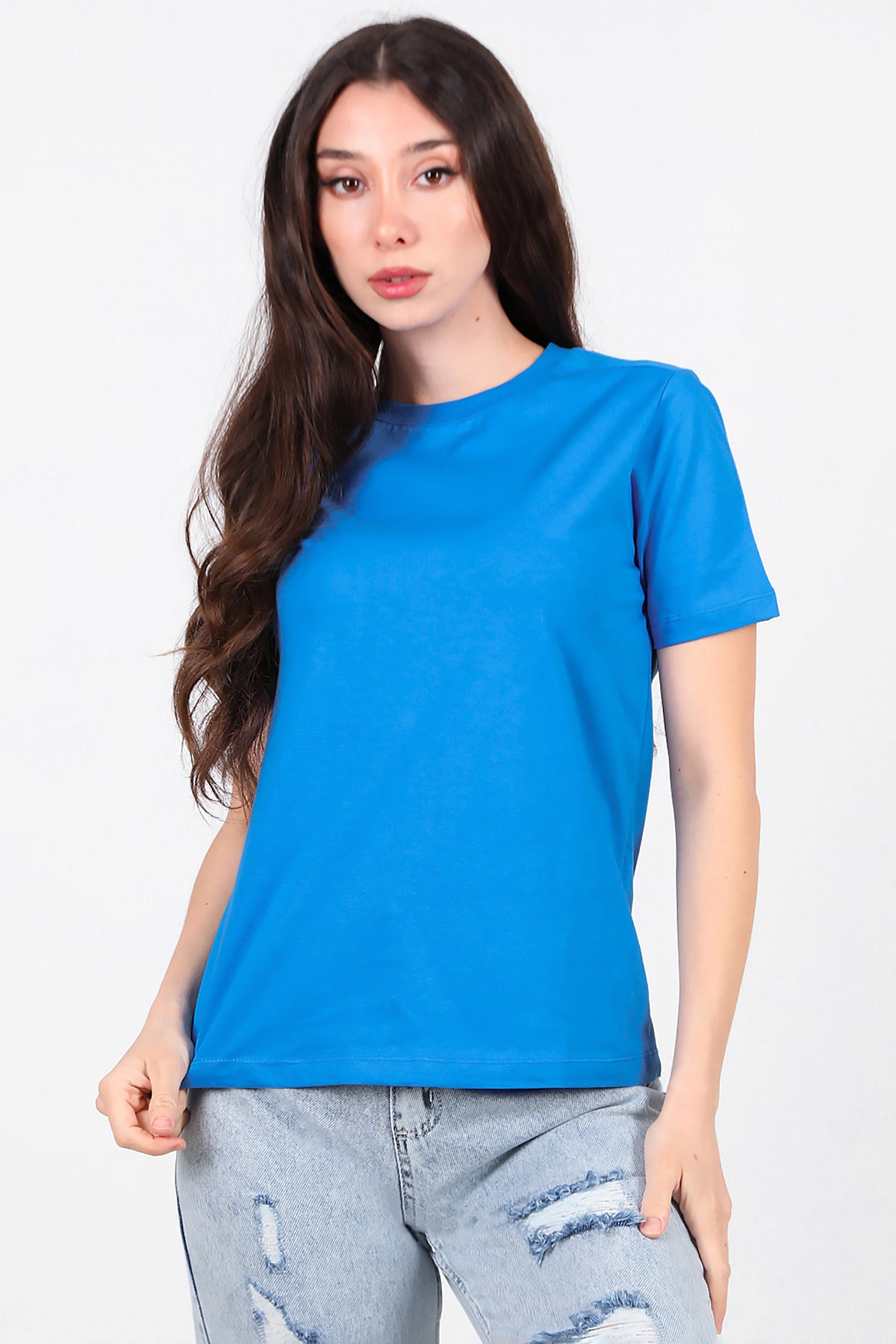 Kadın Omzu Çimalı Basic T-Shirt Saks