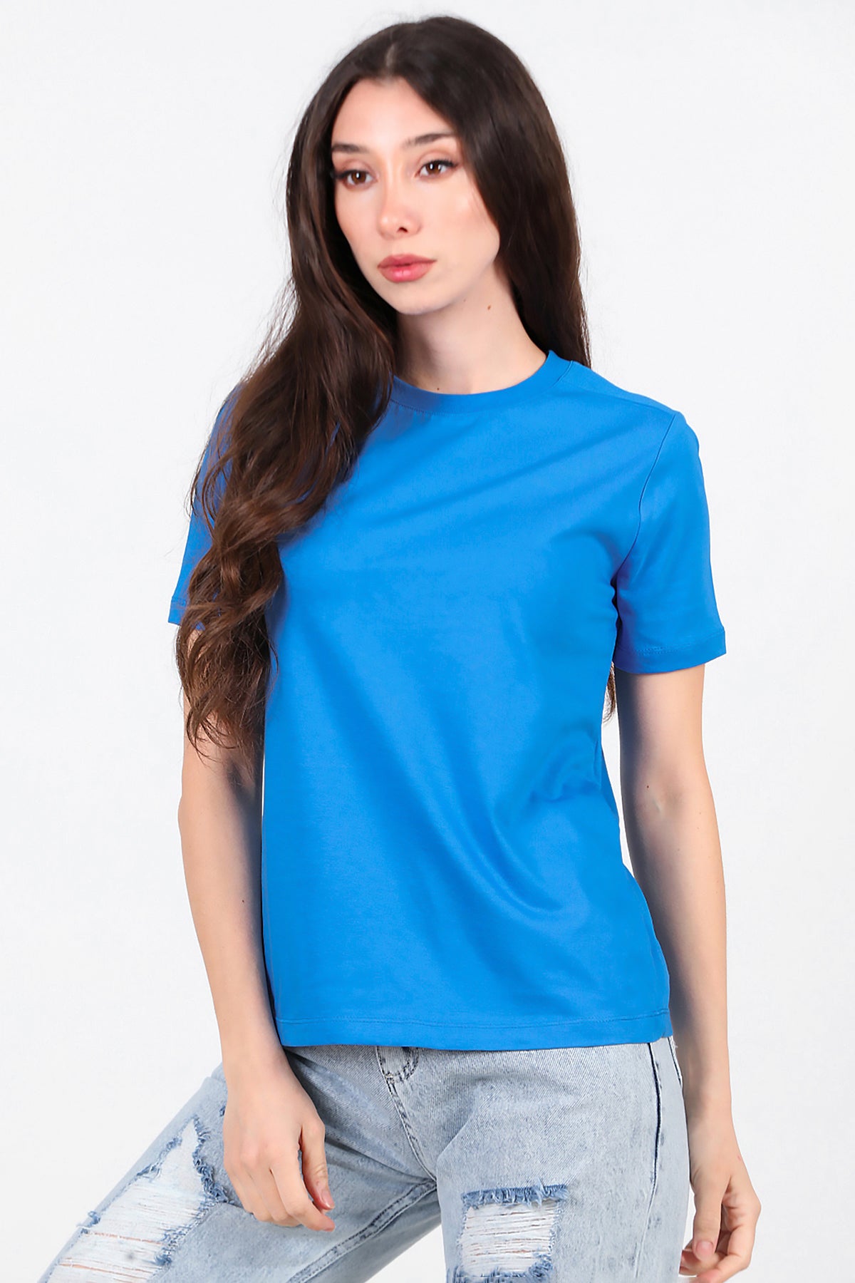 Kadın Omzu Çimalı Basic T-Shirt Saks