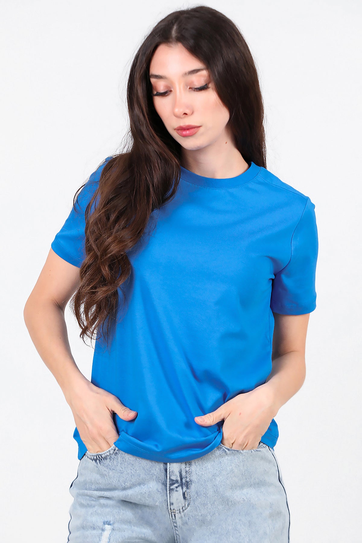 Kadın Omzu Çimalı Basic T-Shirt Saks