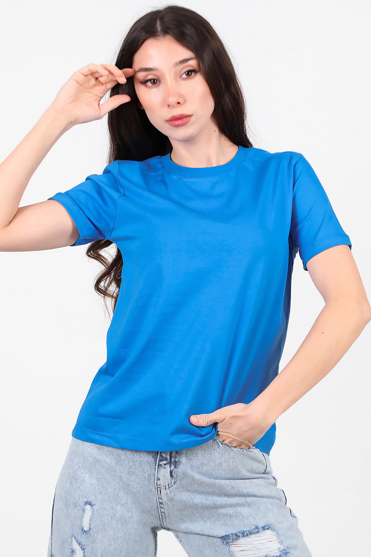 Kadın Omzu Çimalı Basic T-Shirt Saks