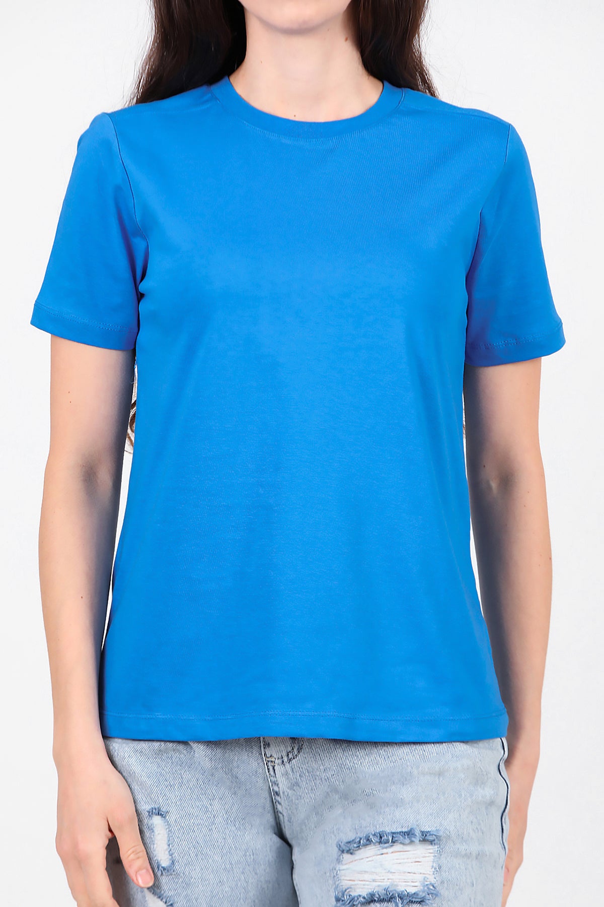 Kadın Omzu Çimalı Basic T-Shirt Saks