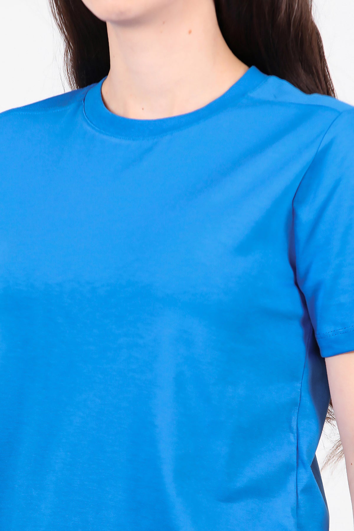 Kadın Omzu Çimalı Basic T-Shirt Saks