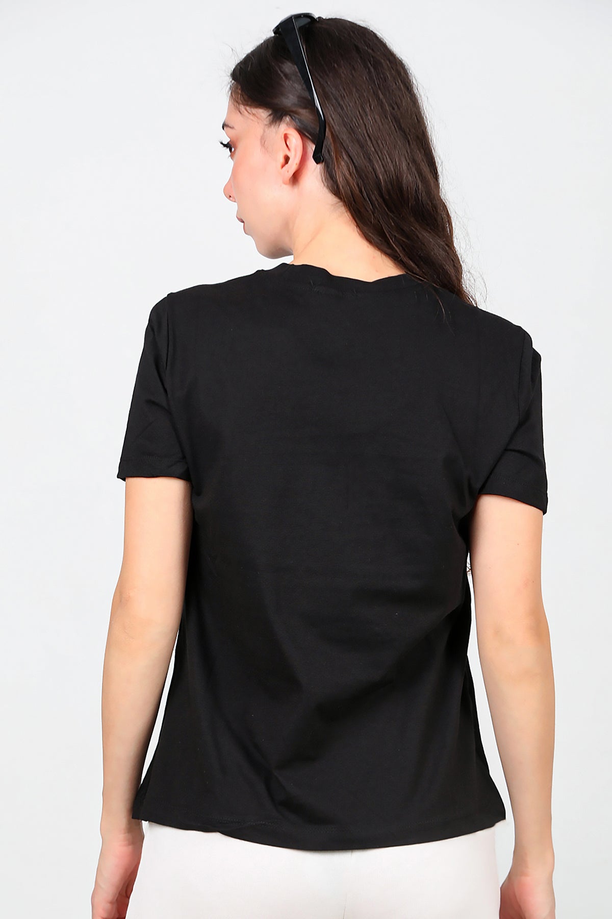 Kadın Omzu Çimalı Basic T-Shirt Siyah