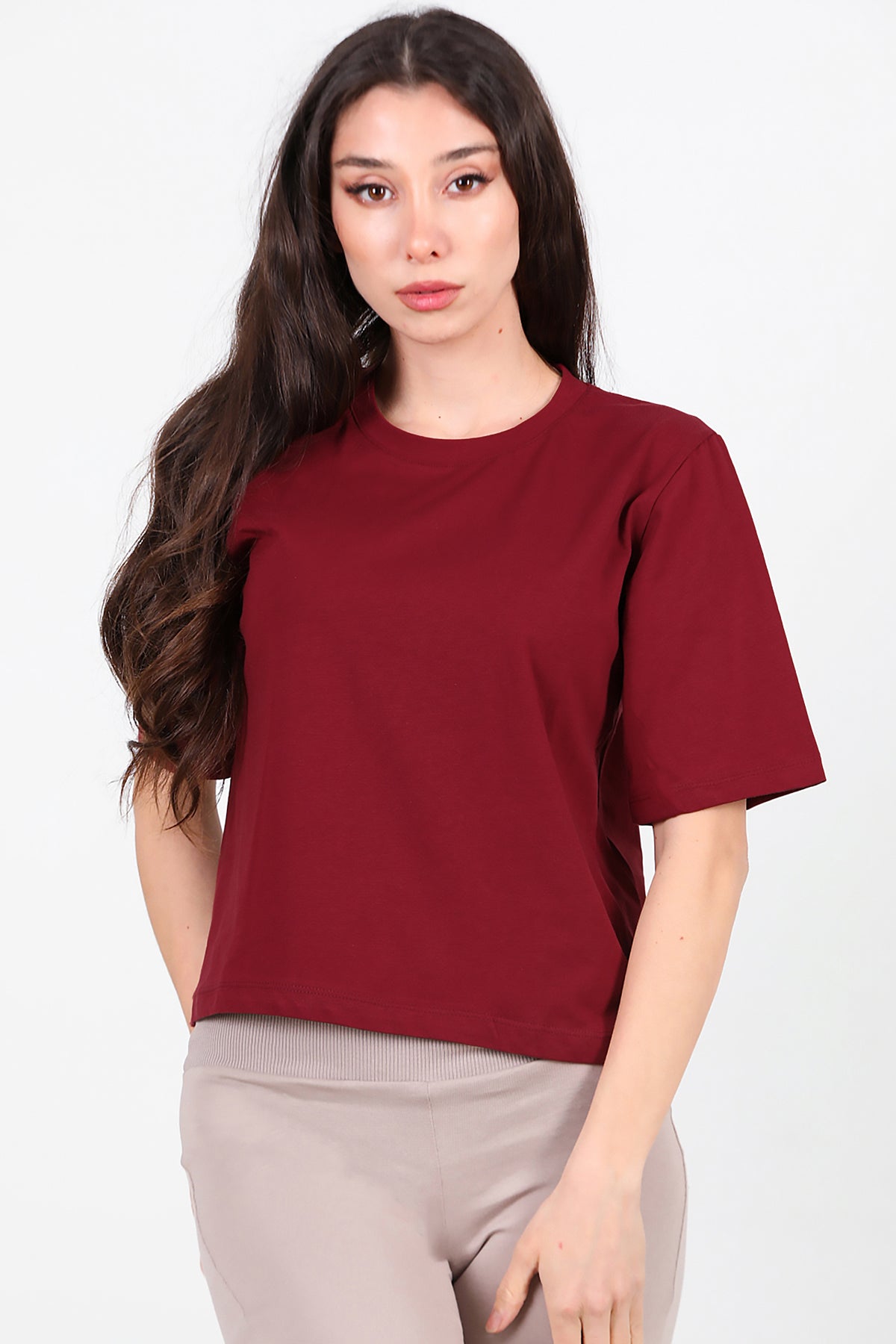 Kadın Bisiklet Yaka T-Shirt Bordo
