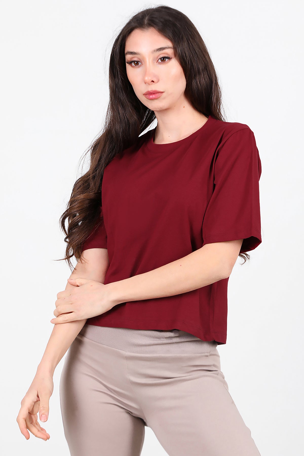 Kadın Bisiklet Yaka T-Shirt Bordo