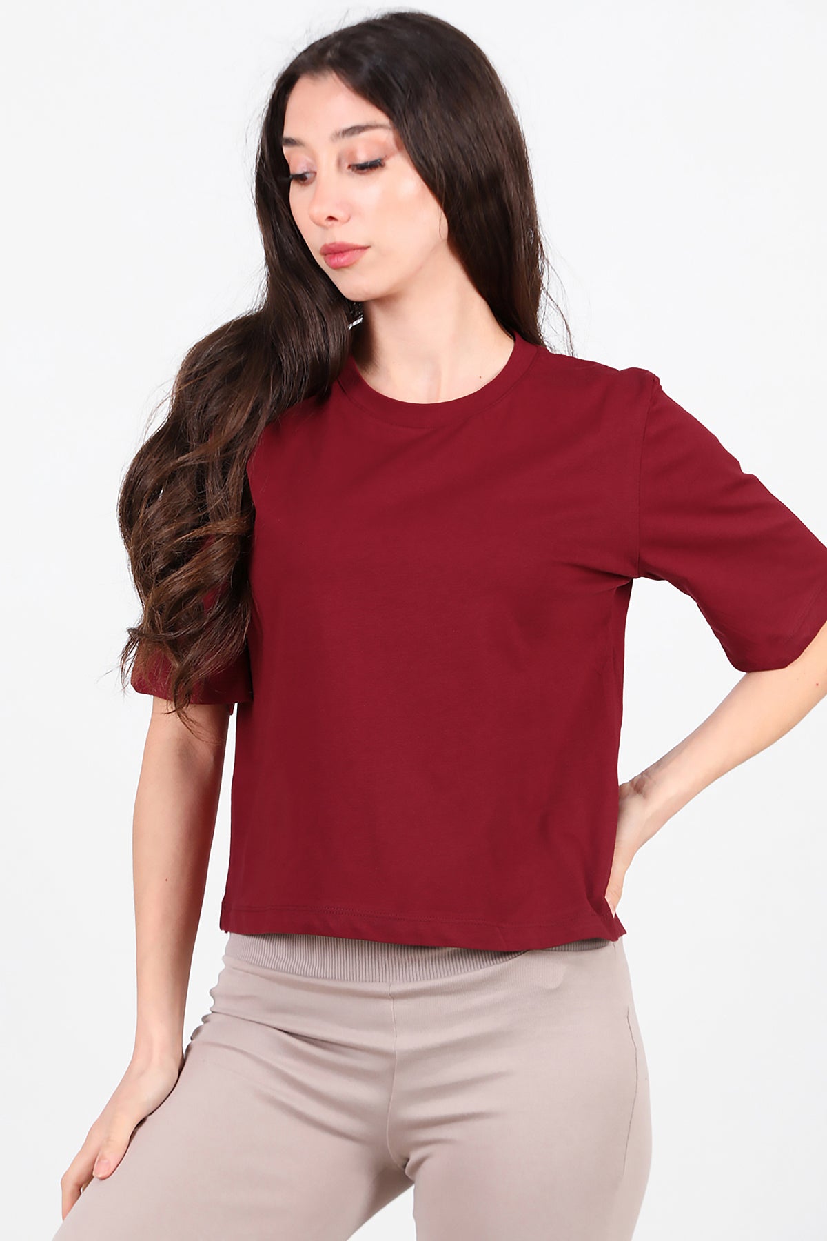 Kadın Bisiklet Yaka T-Shirt Bordo