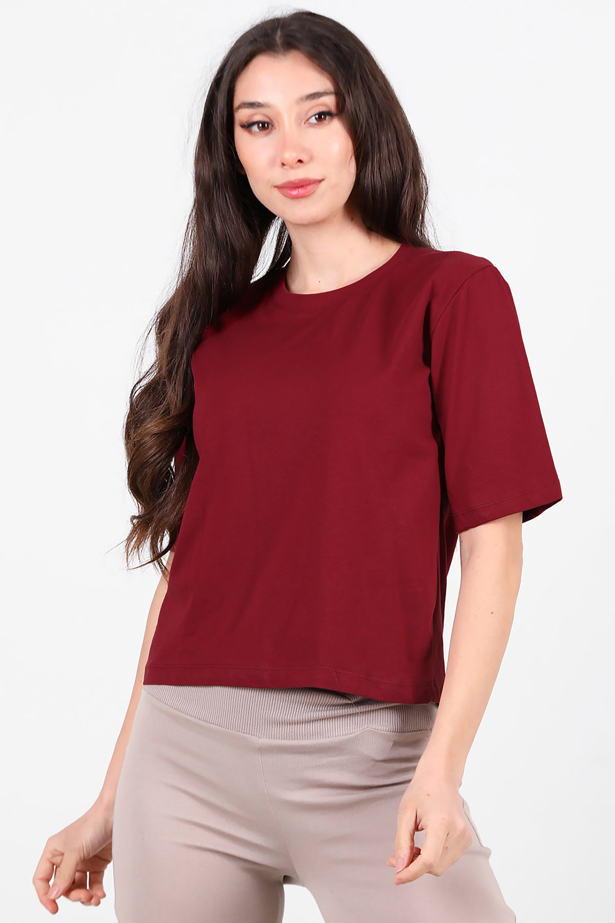 Kadın Bisiklet Yaka T-Shirt Bordo
