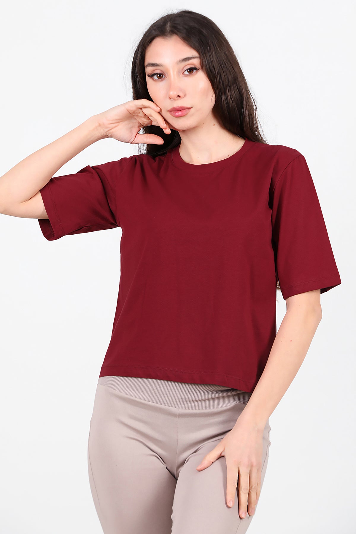 Kadın Bisiklet Yaka T-Shirt Bordo
