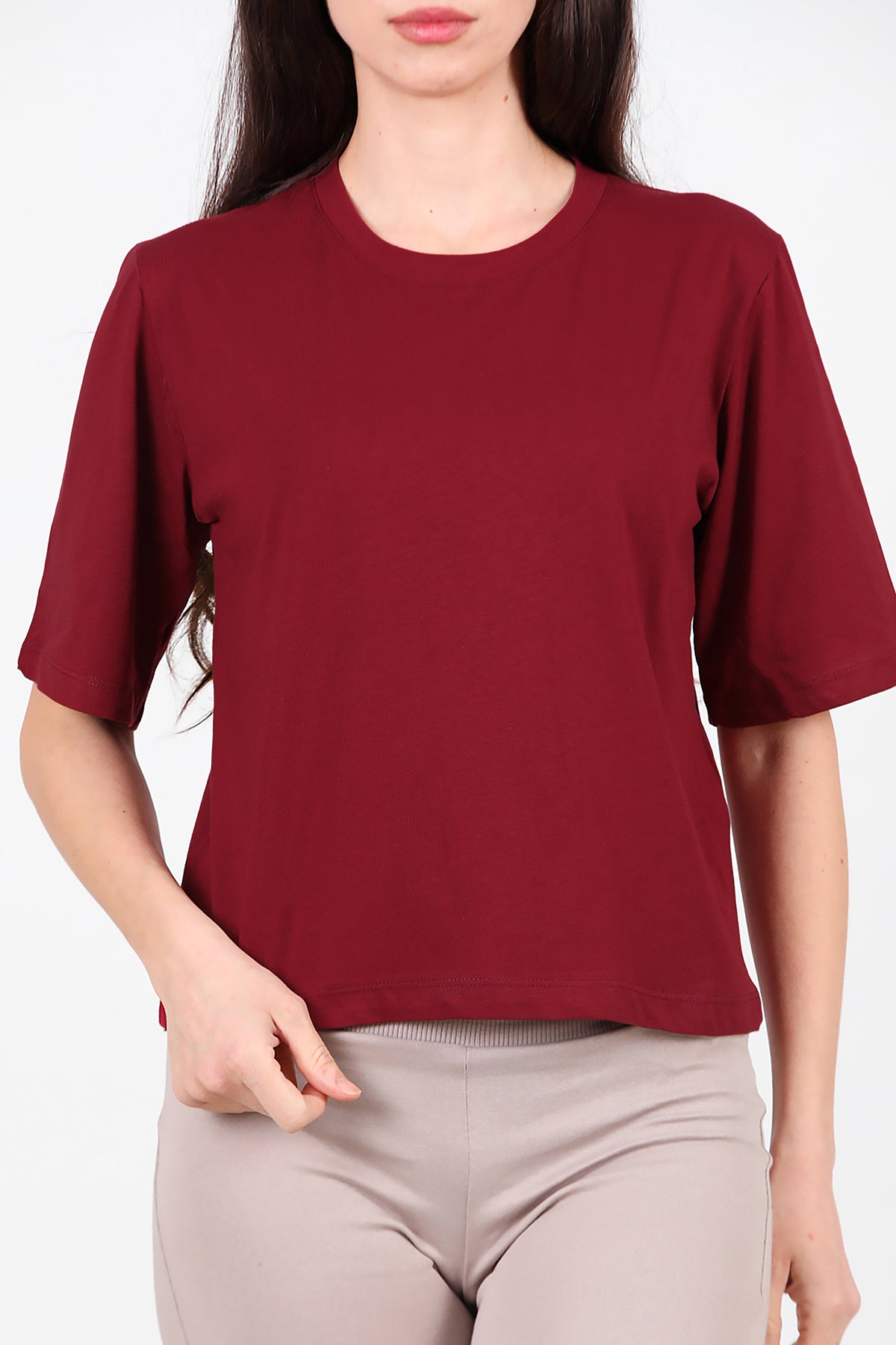 Kadın Bisiklet Yaka T-Shirt Bordo