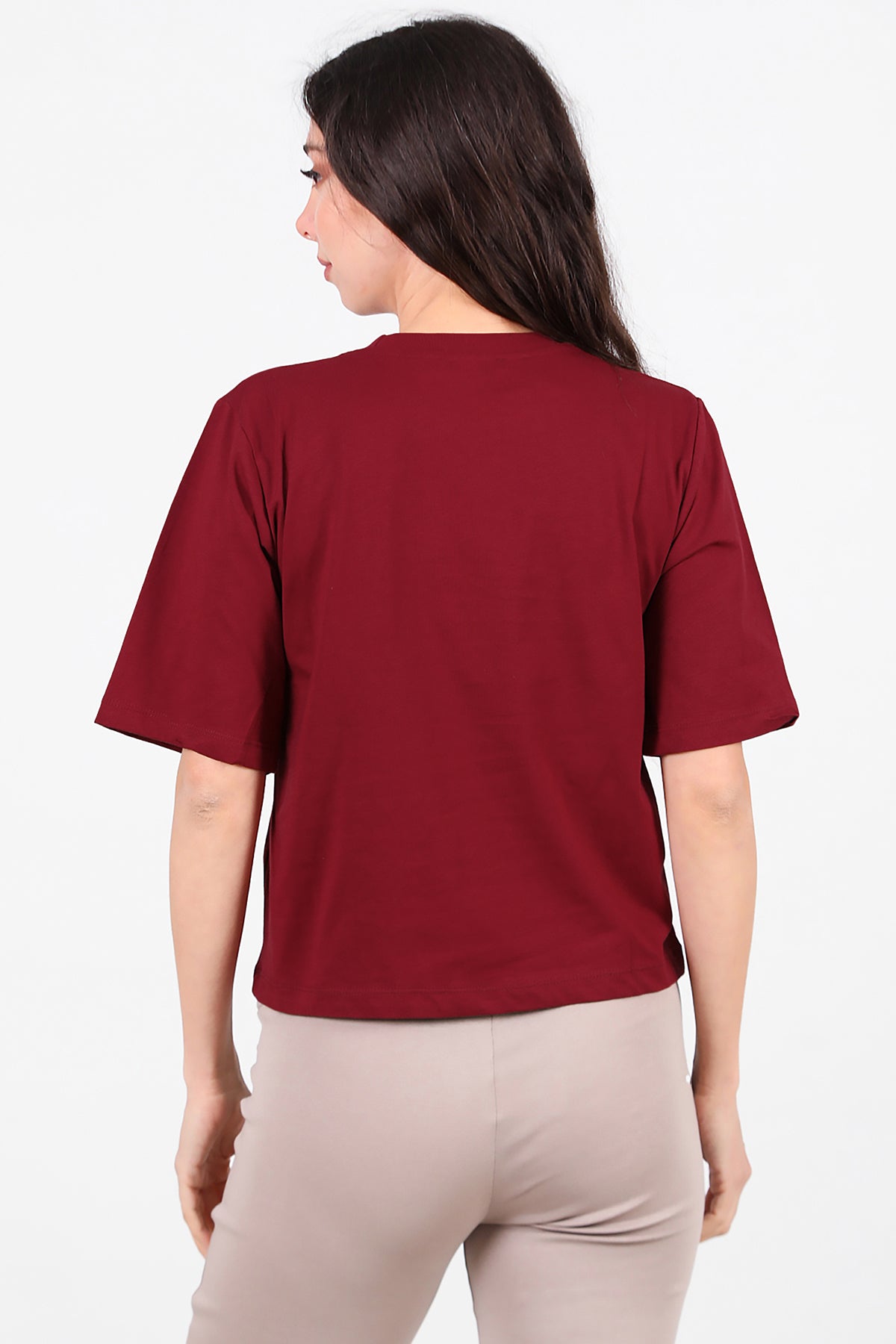 Kadın Bisiklet Yaka T-Shirt Bordo