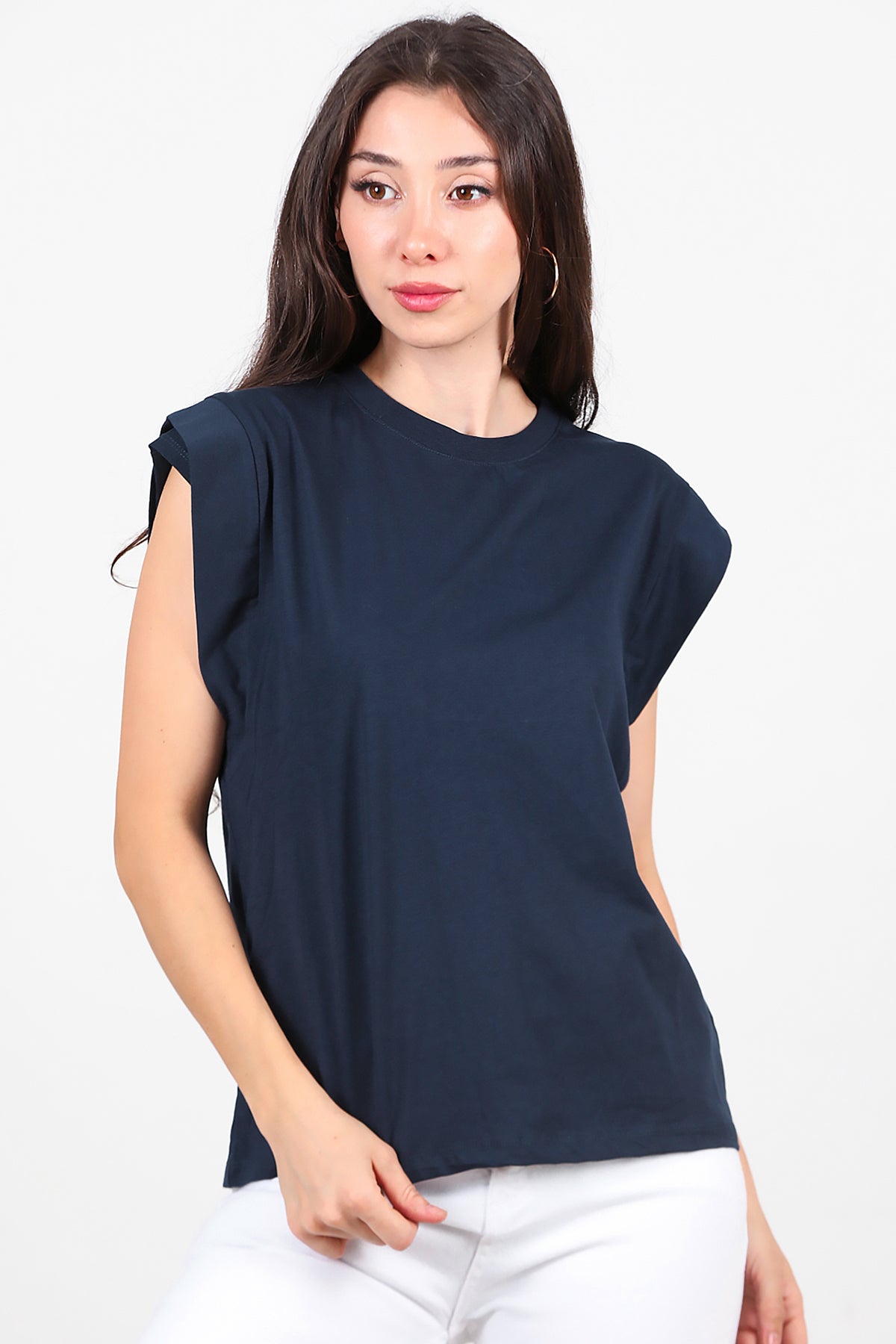 Kadın Çift Kat Kol Bisiklet Yaka T-Shirt Lacivert