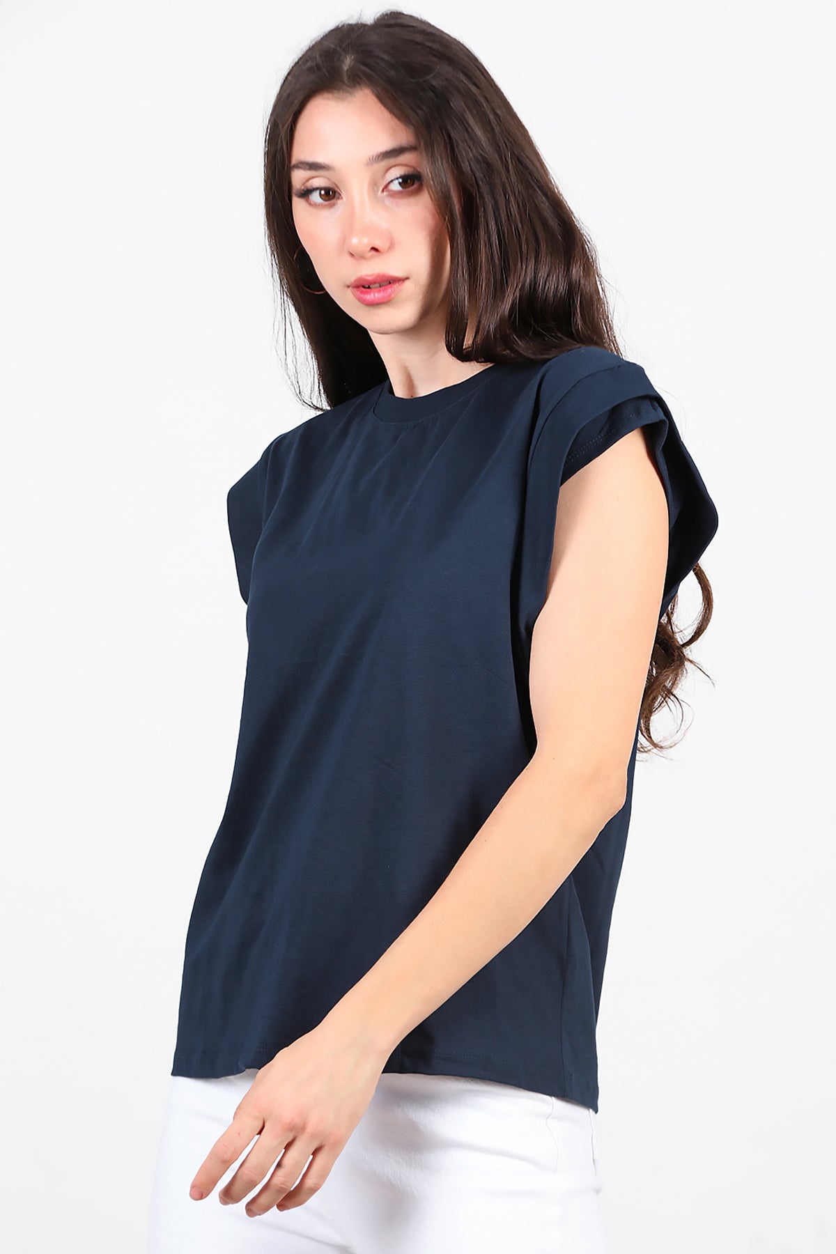 Kadın Çift Kat Kol Bisiklet Yaka T-Shirt Lacivert